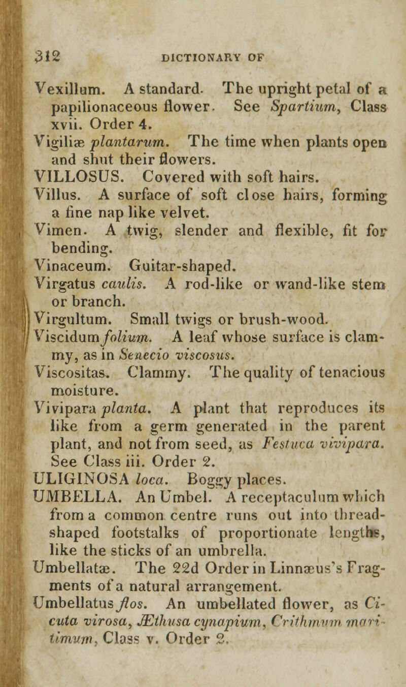 Vexillum. A standard. The upright petal of a papilionaceous flower. See Spartium, Class xvii. Order 4. VTigiliae plantarum. The time when plants open and shut their flowers. VILLOSUS. Covered with soft hairs. Villus. A surface of soft close hairs, forming a fine nap like velvet. Vimen. A twig, slender and flexible, fit for bending. Vinaceum. Guitar-shaped. Virgatus caulis. A rod-like or wand-like stem or branch. Virgultum. Small twigs or brush-wood. Viscidum folium. A leaf whose surface is clam- my, as in Senecio viscosus. Viscositas, Clammy. The quality of tenacious moisture. Vivipara planta. A plant that reproduces its like from a germ generated in the parent plant, and not from seed, as Festuca vivipara. See Class iii. Order 2. ULIGINOSA loca. Boggy places. UMBELLA. An Umbel. A receptaculum which from a common centre runs out into thread- shaped footstalks of proportionate lengthe, like the sticks of an umbrella. Umbellatae. The 22d Order in Linnaeus's Frag- ments of a natural arrangement. Umbellatus^/?os. An umbellated flower, as Ci- cuta virosa, JEthusa cynapvum, CWmmiffli mart timum, Class v. Order 2.