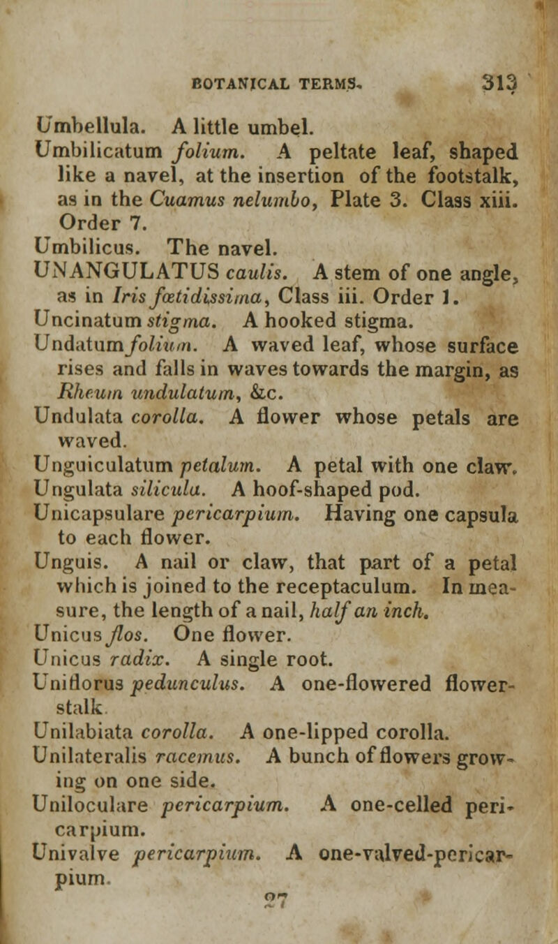 Umbellula. A little umbel. Umbilicatum folium. A peltate leaf, shaped like a navel, at the insertion of the footstalk, as in the Cuamus nelumbo, Plate 3. Class xiii. Order 7. Umbilicus. The navel. UxNANGULATUS caulis. A stem of one angle, as in Irisfoetidissima, Class iii. Order 1. Uncinatum stigma. A hooked stigma. Undatum/o/«f//i. A waved leaf, whose surface rises and falls in waves towards the margin, as Rheum undulatum, Sac. Undulata corolla. A flower whose petals are waved. Unguiculatum petalum. A petal with one claw. Ungulata siliculu. A hoof-shaped pod. Unicapsulare pericarpium. Having one capsula to each flower. Unguis. A nail or claw, that part of a petal which is joined to the receptaculum. In mea- sure, the length of a nail, half an inch. Unicus flos. One flower. Unicus radix. A single root. Unidorus pedunculus. A one-flowered flower- stalk. Unilabiata corolla. A one-lipped corolla. Unilateralis racemus. A bunch of flowers grow- ing on one side. Uniloculare pericarpium. A one-celled peri» carjjium. Univalve pericarpium. A one-valved-pericar- pium.