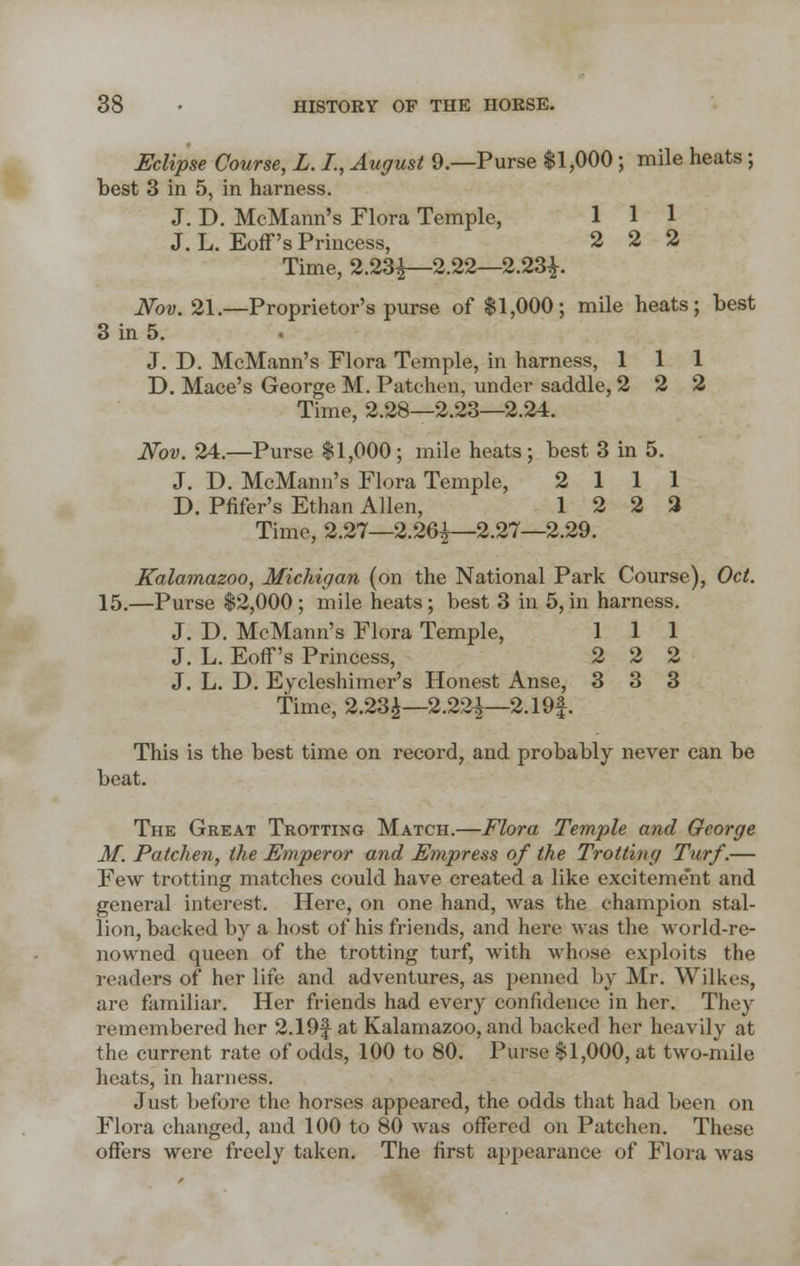 Eclipse Course, L. I., August 9.—Purse $1,000; mile heats; best 3 in 5, in harness. J. D. McMann's Flora Temple, 1 1 1 J. L. Eoff's Princess, 2 2 2 Time, 2.23^—2.22—2.23^. Nov. 21.—Proprietor's purse of $1,000; mile heats; best 3 in 5. J. D. McMann's Flora Temple, in harness, 111 T>. Mace's George M. Patchen, under saddle, 2 2 2 Time, 2.28—2.23—2.24. Nov. 24.—Purse $1,000 ; mile heats; best 3 in 5. J. D. McMann's Flora Temple, 2 111 D. Pfifer's Ethan Allen, 12 2 2 Time, 2.27—2.26^—2.27—2.29. Kalamazoo, Michigan (on the National Park Course), Oct. 15.—Purse $2,000; mile heats; best 3 in 5,in harness. J. D. McMann's Flora Temple, 1 1 1 J. L. Eoff's Princess, 2 2 2 J. L. D. Eycleshimer's Honest Anse, 3 3 3 time, 2.23£— 2.22£—2.19f. This is the best time on record, and probably never can be beat. The Great Trotting Match.—Flora, Temple and George M. Patchen, the Emperor and Empress of the Trotting Turf.— Few trotting matches could have created a like exciteme'nt and general interest. Here, on one hand, was the champion stal- lion, backed by a host of his friends, and here was the world-re- nowned queen of the trotting turf, with whose exploits the readers of her life and adventures, as penned by Mr. Wilkes, are familiar. Her friends had every confidence in her. They remembered her 2.19f at Kalamazoo, and backed her heavily at the current rate of odds, 100 to 80. Purse $1,000, at two-mile heats, in harness. Just before the horses appeared, the odds that had been on Flora changed, and 100 to 80 was offered on Patchen. These offers were freely taken. The first appearance of Flora was