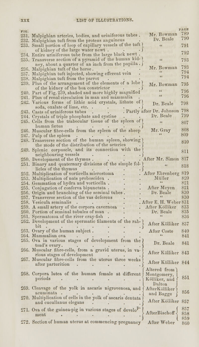 FIG. 231. Malpighian arteries, bodies, and uriniferous tubes . 232. Malpighian tuft from the proteus anguineus 233. Small portion of loop of capillary vessels of the tuft of kidney of the large water newt . 234. Entire uriniferous tube from the large black newt . 235. Transverse section of a pyramid of the human kid- ney, about a quarter of an inch from the papilla . 236. Malpighian tuft of the horse . 237. Malpighian tuft injected, showing efferent vein 238. Malpighian tuft from the parrot 239. Plan of the arrangement of the elements of a lobe of the kidney of the boa constrictor 240. Part of Fig. 239, shaded and more highly magnified 241. Plan of renal circulation in man and mammalia 242. Various forms of lithic acid crystals, lithate of soda, oxalate of lime, etc. . 243. Casts of uriniferous tubes . . .Partly 244. Crystals of triple phosphate and cystine 245. Cells from the trabecular tissue of the spleen of human foetus . 246. Muscular fibre-cells from the spleen of the sheep 247. Pulp of the spleen . . . . 248. Transverse section of the human spleen, showing the mode of the distribution of the arteries 249. Splenic corpuscle, and its connection with the neighbouring vessels . 250. Development of the thymus . 251. Binary and quaternary divisions of the simple fol- licles of the thymus . 252. Multiplication of vorticella microstoma 253. Multiplication of na'is proboscidea . 254. Gemmation of hydra and vorticella . 255. Conjugation of conferva bipunctata . 256. Origin and branching of the seminal tubes . 257. Transverse section of the vas deferens 258. Vesicula seminalis . 259. A small artery of the corpora cavernosa 260. Portion of seminal tubules of man . 261. Spermatozoa of the river cray-fish . 262. Development of the spermatic filaments of the rab- bit . 263. Ovary of the human subject . 264. Mammalian ova . 265. Ova in various stages of development from the toad's ovary. . 266. Muscular fibre-cells, from a gravid uterus, in va- rious stages of development 267. Muscular fibre-cells from the uterus three weeks after parturition . 268. Corpora lutea of the human female at different periods ...... 269. Cleavage of the yolk in ascaris nigrovenosa, and acuminata ...... 270. Multiplication of cells in the yolk of ascaris dentata and cucullanus elegans . 271. Ova of the guinea-pig in various stages of develo^*' ment ...... 272. Section of human uterus at commencing pregnancy Mr. Bowman Dr. Beale Mr. Bowman TAGE 789 790 791 792 793 793 794 794 I Mr. Bowman 795 796 796 I Dr. Beale 798 after Dr. Johnson 798 Dr. Beale 799 I  807 808 809 Mr. Gray 810 I 811 After Mr. Simon 817 l  818 After Ehrenberg 819 Miiller 820 821 After Meyen 821 Dr. Beale 830 830 After E.H.Weber 831 After Kolliker 833 Dr. Beale 835 836 After Kolliker After Coste Dr. Beale After Kolliker 837 840 841 841 843 J After K6lliker 844 f Altered from) j Montgomery, I I Kolliker, and j b&i [ Dalton J j AfterKblliker ] ... ( andBagge j 856 i After Kolliker 857 I ( 85? \ AfterBischoflN 858 j ( 859 After Weber 860
