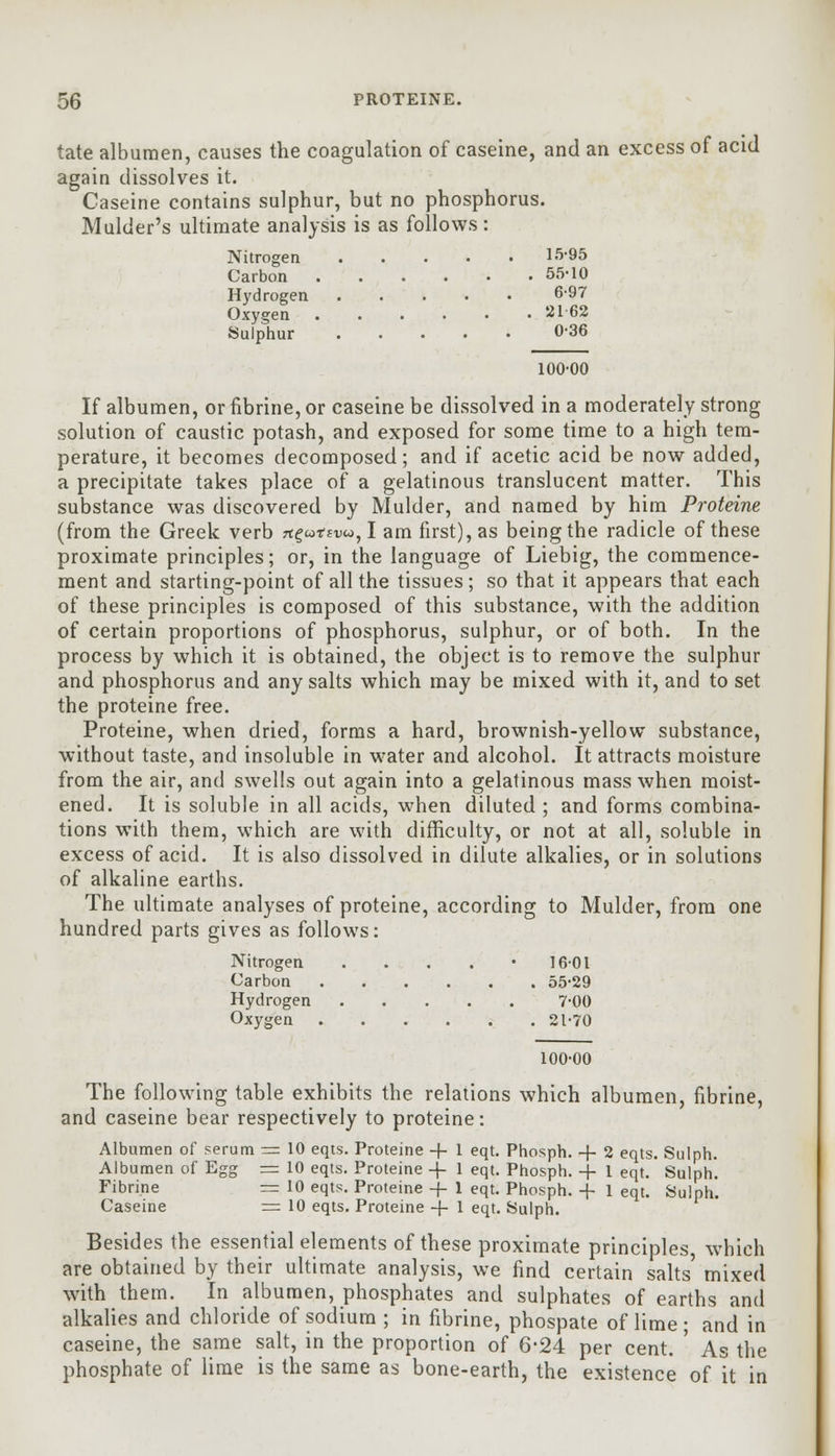 tate albumen, causes the coagulation of caseine, and an excess of acid again dissolves it. Caseine contains sulphur, but no phosphorus. Mulder's ultimate analysis is as follows: Nitrogen 15-95 Carbon 55-10 Hydrogen 6-97 Oxygen 2162 Sulphur 0-36 100-00 If albumen, or fibrine, or caseine be dissolved in a moderately strong solution of caustic potash, and exposed for some time to a high tem- perature, it becomes decomposed; and if acetic acid be now added, a precipitate takes place of a gelatinous translucent matter. This substance was discovered by Mulder, and named by him Proteine (from the Greek verb rtg»tfsv«, I am first), as being the radicle of these proximate principles; or, in the language of Liebig, the commence- ment and starting-point of all the tissues; so that it appears that each of these principles is composed of this substance, with the addition of certain proportions of phosphorus, sulphur, or of both. In the process by which it is obtained, the object is to remove the sulphur and phosphorus and any salts which may be mixed with it, and to set the proteine free. Proteine, when dried, forms a hard, brownish-yellow substance, without taste, and insoluble in water and alcohol. It attracts moisture from the air, and swells out again into a gelatinous mass when moist- ened. It is soluble in all acids, when diluted ; and forms combina- tions with them, which are with difficulty, or not at all, soluble in excess of acid. It is also dissolved in dilute alkalies, or in solutions of alkaline earths. The ultimate analyses of proteine, according to Mulder, from one hundred parts gives as follows: Nitrogen . . . . • 1601 Carbon 55-29 Hydrogen 7-00 Oxygen 21-70 100-00 The following table exhibits the relations which albumen, fibrine, and caseine bear respectively to proteine: Albumen of serum = 10 eqts. Proteine + 1 eqt. Phosph. -f- 2 eqts. Sulph. Albumen of Egg = 10 eqts. Proteine -j- 1 eqt. Phosph. -f 1 eqt. Sulph. Fibrine 2= 10 eqts. Proteine + 1 eqt. Phosph. + 1 eqt. Sulph. Caseine = 10 eqts. Proteine + 1 eqt. Sulph. Besides the essential elements of these proximate principles, which are obtained by their ultimate analysis, we find certain salts mixed with them. In albumen, phosphates and sulphates of earths and alkalies and chloride of sodium ; in fibrine, phospate of lime ; and in caseine, the same salt, in the proportion of 6-24 per cent. ' As the phosphate of lime is the same as bone-earth, the existence of it in