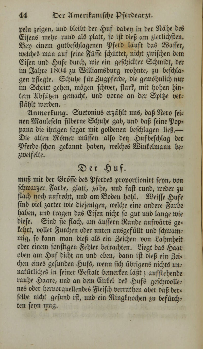 petn jeigen, unb bleibt ber 4puf babep in ber 9?dl;e beö fefenS mel;r runb atö platt, fo ifr bieß am jierlidiften. S3et) einem gutbefd;lagenen $ferb lauft baS Sßaffer, weld)eS man auf feine §üffe fd)üttet, nidit jmifdjen bem (Sifen unb ^)ufe burd), wie ein gefdjufter (Sdjmibt, ber im 3>al;re 1804 gu SBiüiamSburg wol;nte, §u befd)la= gen pflegte. <3d)ul?e für Sugpferbe, bie gewctynlidi nur im ©d)ritt geljen, mögen ferner, ftarf, mit f)of)en t)in; tern 2Cbfd|en gemacht, unb »orne an ber <3pi|e oers ftdfytt werben. 2fnmerftmg. (SuetoniuS erjagt unS, bafj S^ero fcts nen SÄaulefetn ftlbeme <Sd)ul)e gab, unb baß feine $ops pana bie irrigen fogar mit golbenen befd)lagen lief.— £>ie alten Sto'mer muffen alfo ben ^)ufbefd)lag ber 9>ferbe fdjon gelannt tyaben, weld)eS Sßinlelmann be= zweifelte. ©er £uf. muß mit ber ©rö'ffe beS $ferbeS proportionirt femt, t>on fc^marjer $arbe, glatt, jdlje, unb fafi runb, Weber ju flad) nod) aufrecht, unb am 23oben t)oi)L SBeiffe £ufe ftnb fciel jarter mie biejenigen, weldje eine anbere §arbe l)aben, unb tragen baS (Sifen nid)t fo gut unb lange wie tiefe. <Sinb ft'e flad), am duffern SRanbe aufwärts ge- fegt, »oller $urd)en ober unten ausgefüllt unb fd)Wam= mig, fo fann man biep als ein 3eid)en »on 2ajnnl)eit ober einem fonfftgen $ef)ler betrachten. IMegt baS £aar oben am ^)uf bidjt an unb eben, bann ifi bie$ ein ßeu d)en eineS gejunben ^)ufö, wenn ft'd) übrigens nid)tS un* natürliches in feiner ©efhlt bemerken laßt ; auf fteljenbe raul;e £aare, unb an bem (5ir?el beS £ufS gefdjmolle- neS ober l;eroorqueüenbeS §leifd) »erraten aber ba$ ber= felbe nia)t gefunb ift, unb ein 9fangfnod)en §u befürd)= ten femt mag.