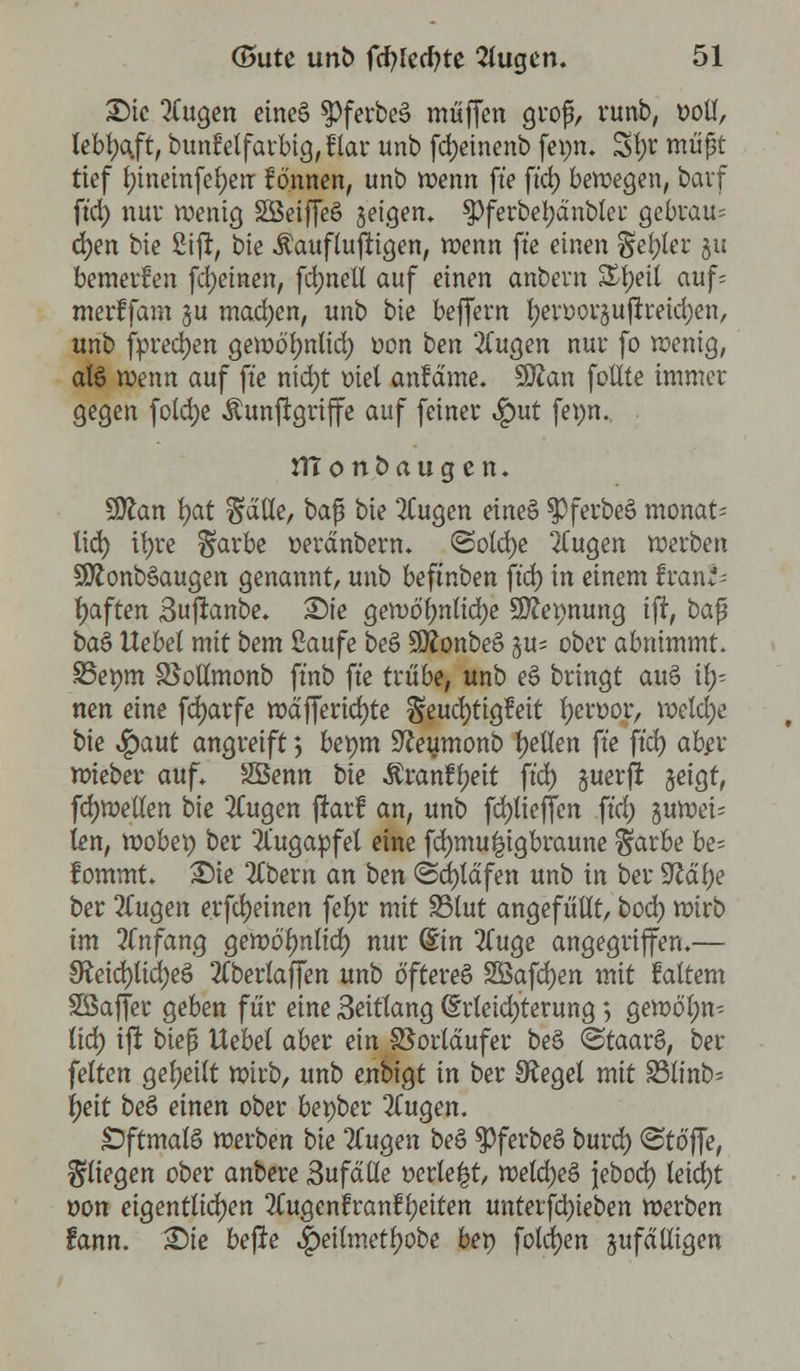 Sic ^ugen etneä $ferbeS muffen groß, runb, t>oü, lebhaft, bunfclfavbtg, flar unb fd)einenb femt. Sfyr mußt tief fyineinfefyeu f önnen, unb wenn ft'e ftd> bewegen, bavf ftd) nur wenig SöeiffeS geigen* SPferbetjänblec gebrau= c^en bie Sift, bie $auf(ufrigen, wenn ft'e einen geilet: ju bemerken fd)einen, fd;netl auf einen anbevn Styeü auf; merffam gu machen, unb bie beffern tyeröoi'jujlretdjen, unb fprecfyen gew61)n*id) oon ben 'tfugen nur fo wenig, al§ wenn auf ft'e nidjt fiel anfäme. Stfan feilte immer gegen fotdje «ftunjrgriffe auf feiner $ut f-*m- JHonbaugen. tyflan fyat Satte, baf bie 2Cugen eineS spferbeS monat^ lid) tfyre $?arbe oerdnbern. <3otd)e 2(ugen werben StfoubSaugen genannt, unb beftnben ftd) in einem fran*- fyaften Suftanbe. Sie gewöhnliche Sftepnung ift, bafü baS ttebet mit bem £aufe beS SÄonbeS jus ober abnimmt. 23emn SJottmonb ft'nb ft'e trübe, unb eS bringt auS ity nen eine fdjarfe wdfferid)te §eucl)tig!eit fyeroor, welche bie $aut angreift 5 bemn üfteumonb gellen ft'e ft'e!) abe-r wieber auf* Sßenn bie ^ranffjeit ftd) juerft jetgr, fd)Wetfen bie 2ütgen ftarr an, unb fd)iieffcn ftd) juwei^ ten, wobep ber 21'ugapfet eine fdmvu^igbraune §arbe he- f ommt. Sie 2ft>ern an ben «Schlafen unb in ber Svdfye ber 2Cugen erfdjeinen fef>r mit SStut angefüllt, bod) wirb im Anfang gewötmlid) nur Qtin 2Tuge angegriffen.— Sveid)lid)eö 2(ber!affen unb öfteres SÖafd)en mit faltem Söaffer geben für eine Seittang Erleichterung; gewöt;n- tid) ift biep Uebet aber ein Vorläufer beS (BtaarS, ber feiten geseilt wirb, unb enbigt in ber Sieget mit S3(inb= tyit beS einen ober benber 2Cugen. Oftmals werben bie #ugen beS 9?ferbeS burd) «Stoffe, Riegen ober anbere Sufdtle »erlebt, weld)eS jebod) leid)t oon eigentlichen 3(ugenfranff)eiten unterfd)ieben werben fann. Sie bejle |)eümetl)obe ben folgen zufälligen