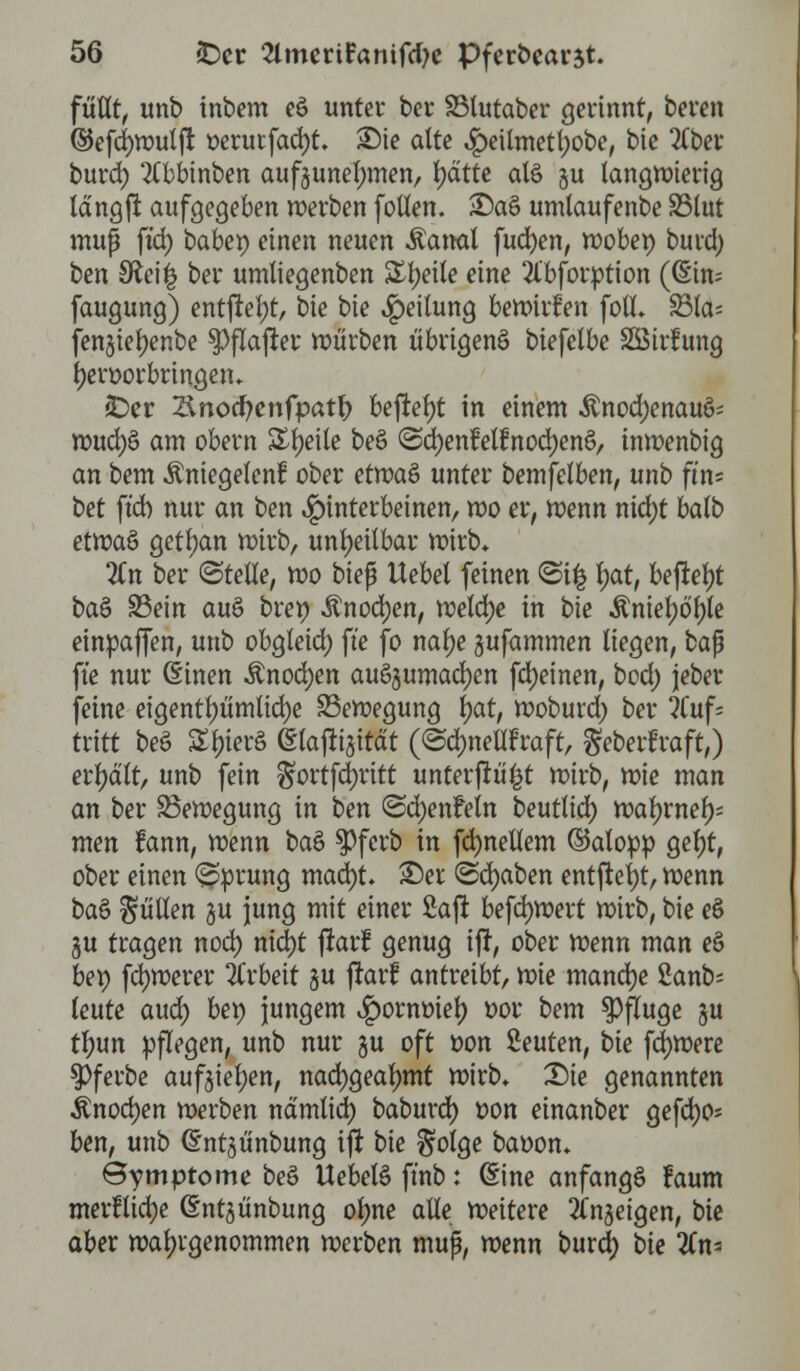 füttt^ unb inbcm eS unter ber SMutaber gerinnt, beven ©efdjwulfi: oerurfad)t SMe alte £eilmetl;obe, bie 2Cbei* burd) 2Cbbinben aufzunehmen, r;ätte als ju langwierig längft aufgegeben werben fotlen. £)aS umlaufenbe 33lut muß ftd) babet) einen neuen Äanat fud)en, wöbet) burd) ben 9*ei£ bei* umliegenben Steile eine 2t'bforption ((Stn= faugung) entftel)t, bie bie Teilung bewirken folt 33la= fen§iel)enbe ^>flafter würben übrigens biefelbe SEBtrfung l)en>orbringetn £>er &nod)enfpat& befreit in einem ÄnoctyenauS* wud)S am obern Steile beS <Sd)enfetfnod)enS, inwenbig an bem Äniegelenf ober etwaS unter bemfelben, unb ftn* bet ftd) nur an ben Hinterbeinen, wo er, wenn nid)t balb etwaS getl;an wirb, unheilbar wirb* 2Cn ber «Stelle, wo biep Uebel feinen @t| f)at, befreit baS 95ein auS brep Änod)en, welche in bie Äntel)ör)(e einpaffen, unb obgleid) ft'e fo nal)e gufammen liegen, baf ft'e nur ßinen Änoajen auszumachen fd)einen, bod) jeber feine eigentümliche Bewegung fyat, woburd) ber ?Cuf; tritt beS Stiers etajitjttctt (@d)neütraft, ^eberfraft,) erhalt, unb fein $ortfd)ritt unterj^ü^t wirb, wie man an ber ^Bewegung in ben ©djenfeln beutlid) wal)rnef)= men fann, wenn baS $ferb in fdjnellem ©alopp geljt, ober einen Sprung mad)t £)er ©d)aben entfielt, wenn baS füllen ju jung mit einer Saft befdjwert wirb, bie eS ju tragen noa) nid)t ftarf genug iff, ober wenn man eS bey fdjwerer Arbeit zu fhrf antreibt, wie manche 2anb; leute aud) bet) jungem v^orntrief) oor bem Pfluge ju tl;un pflegen, unb nur gu oft oon Seuten, bie fdjwere $>ferbe aufgießen, nacfygealmtt wirb, Die genannten itnodjen werben ndmtid) baburd) wn einanber gefdjo* ben, unb Ghttjünbung tfr bie ^otge baoom Symptome beS UebelS ft'nb: (Eine anfangs faum merflidje ©ntjünbung ofme alle weitere ^njeigen, bie aber wahrgenommen werben mup, wenn burd) bie 2Cn*