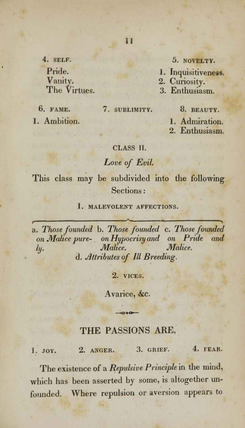 4. SELF. 5. NOVELTY. Pride. Vanity. The Virtues. 1. Inquisitiveness. 2. Curiosity. 3. Enthusiasm. 6. FAME. 7. SUBLIMITY. 8. BEAUTY. 1. Ambition. 1. Admiration. 2. Enthusiasm. CLASS II. Love of Evil. This class may be subdivided into the following Sections: 1. MALEVOLENT AFFECTIONS. a. Those founded b. Those founded c. Those founded on Malice pure- on Hypocrisy and on Pride and ly. Malice. Malice. d. Attributes of III Breeding. 2. VICES. Avarice, &c. 1. JOY. THE PASSIONS ARE, 2. ANGER. 3. GRIEF. 4. FEAR. The existence of a Repulsive Principle in the mind, which has been asserted by some, is altogether un- founded. Where repulsion or aversion appears to