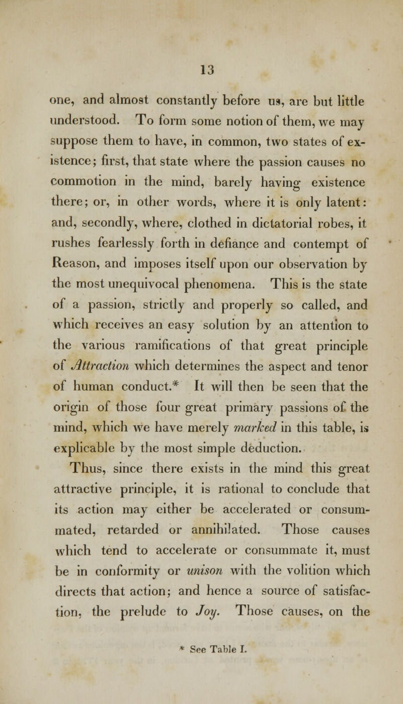 one, and almost constantly before us, are but little understood. To form some notion of them, we may suppose them to have, in common, two states of ex- istence ; first, that state where the passion causes no commotion in the mind, barely having existence there; or, in other words, where it is only latent: and, secondly, where, clothed in dictatorial robes, it rushes fearlessly forth in defiance and contempt of Reason, and imposes itself upon our observation by the most unequivocal phenomena. This is the state of a passion, strictly and properly so called, and which receives an easy solution by an attention to the various ramifications of that great principle of Attraction which determines the aspect and tenor of human conduct.* It will then be seen that the origin of those four great primary passions of the mind, which we have merely marked in this table, is explicable by the most simple deduction. Thus, since there exists in the mind this great attractive principle, it is rational to conclude that its action may cither be accelerated or consum- mated, retarded or annihilated. Those causes which tend to accelerate or consummate it, must be in conformity or unison with the volition which directs that action; and hence a source of satisfac- tion, the prelude to Joy. Those causes, on the * See Table L