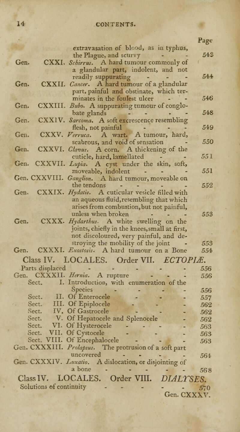 Gen. CXX1V. Gen. cxxv. Gen. CXXVI. Gen. CXXVII. Gen. CXXVIII. Gen. CXXIX. 14 CONTENTS. Pag* extravasation of blood, as in typhus, the Plague, and scurvy - 543 Gen. CXXI. Scbirrus. A hard tumour commonly of a glandular part, indolent, and not readily suppurating - 544 Gen. CXXII. Cancer. A hard tumour of a glandular part, painful and obstinate, which ter- minates in the foulest ulcer - - 546 bate glands - » 54-8 Sarcoma, A soft excrescence resembling flesh, not painful - - 549 Verruca. A wart. A tumour, hard, scabrous, and void of sensation - 550 Clavus. A corn. A thickening of the cuticle, hard, lamellated - - 551 Lup'ia. A cyst under the skin, soft, moveable, indolent - - 551 Ganglion. A hard tumour, moveable on the tendons - - - 552 Hydatis. A cuticular vesicle filled with an aqueous fluid,resembling that which arises from combustion,but not painful, unless when broken ... 553 Gen. CXXX. Hydarthus. A white swelling on the joints, chiefly in the knees,small at first, not discoloured, very painful, and de- stroying the mobility of the joint - 553 Gen. CXXXI. Exostosis. A hard tumour on a Bone 554 Class IV. LOCALES. Order VII. ECTOPIJE. Parts displaced ..... 55Q Gen. CXXXII. Hernia. A rupture - - - 556 Sect. I. Introduction, with enumeration of the Species .... 556 Sect. II. Of Enterocele ... 557 Sect. III. Of Epiplocele ... .562 Sect. IV. Of Gastrocele ... 562 Sect. V. Of Hepatocele and Splenocele - 562 Sect. VI. Of Hysterocele - ... . 563 Sect. VII. Of Cystocele ... 553 Sect. VIII. Of Encephalocele ... 563 Gen. CXXXIII. Prolapsus. The protrusion of a soft part uncovered ... _ 564, Gen. CXXXIV. Luxatio. A dislocation, or disjointing of a bone - .... 568 Class IV. LOCALES. Order VIII. DIALTSES. Solutions of continuity ..... 570 Gen. CXXXV.
