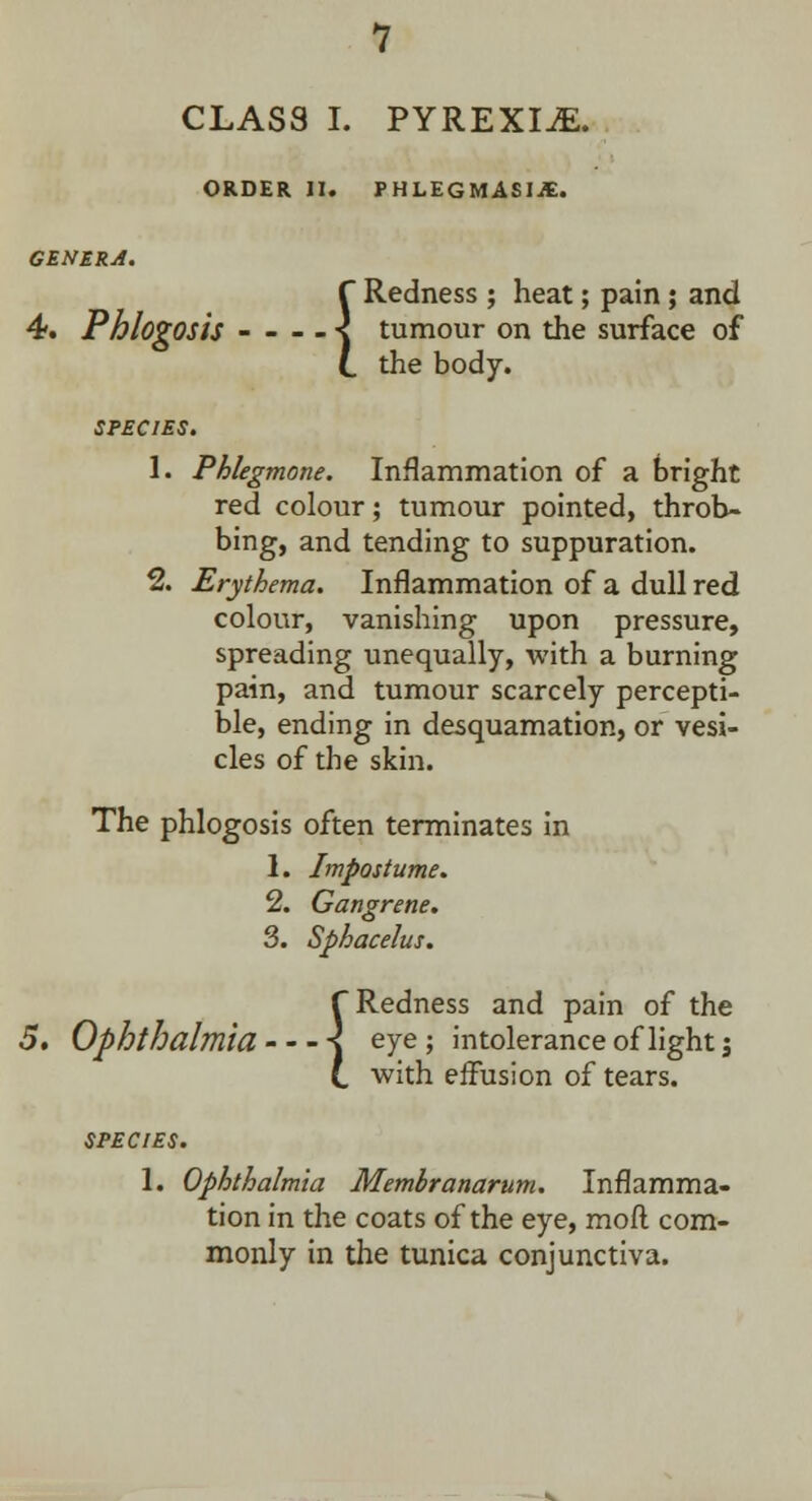 order ii. phlegmasia:. GENERA. f Redness ; heat; pain; and 4. Phlogosis - - - - \ tumour on the surface of L the body. SPECIES. 1. Phlegmone. Inflammation of a bright red colour; tumour pointed, throb- bing, and tending to suppuration. 2. Erythema. Inflammation of a dull red colour, vanishing upon pressure, spreading unequally, with a burning pain, and tumour scarcely percepti- ble, ending in desquamation, or vesi- cles of the skin. The phlogosis often terminates in 1. Impostume. 2. Gangrene. 3. Sphacelus. {Redness and pain of the eye ; intolerance of light j with effusion of tears. SPECIES. 1. Ophthalmia Membranarum. Inflamma- tion in the coats of the eye, mofl com- monly in the tunica conjunctiva.