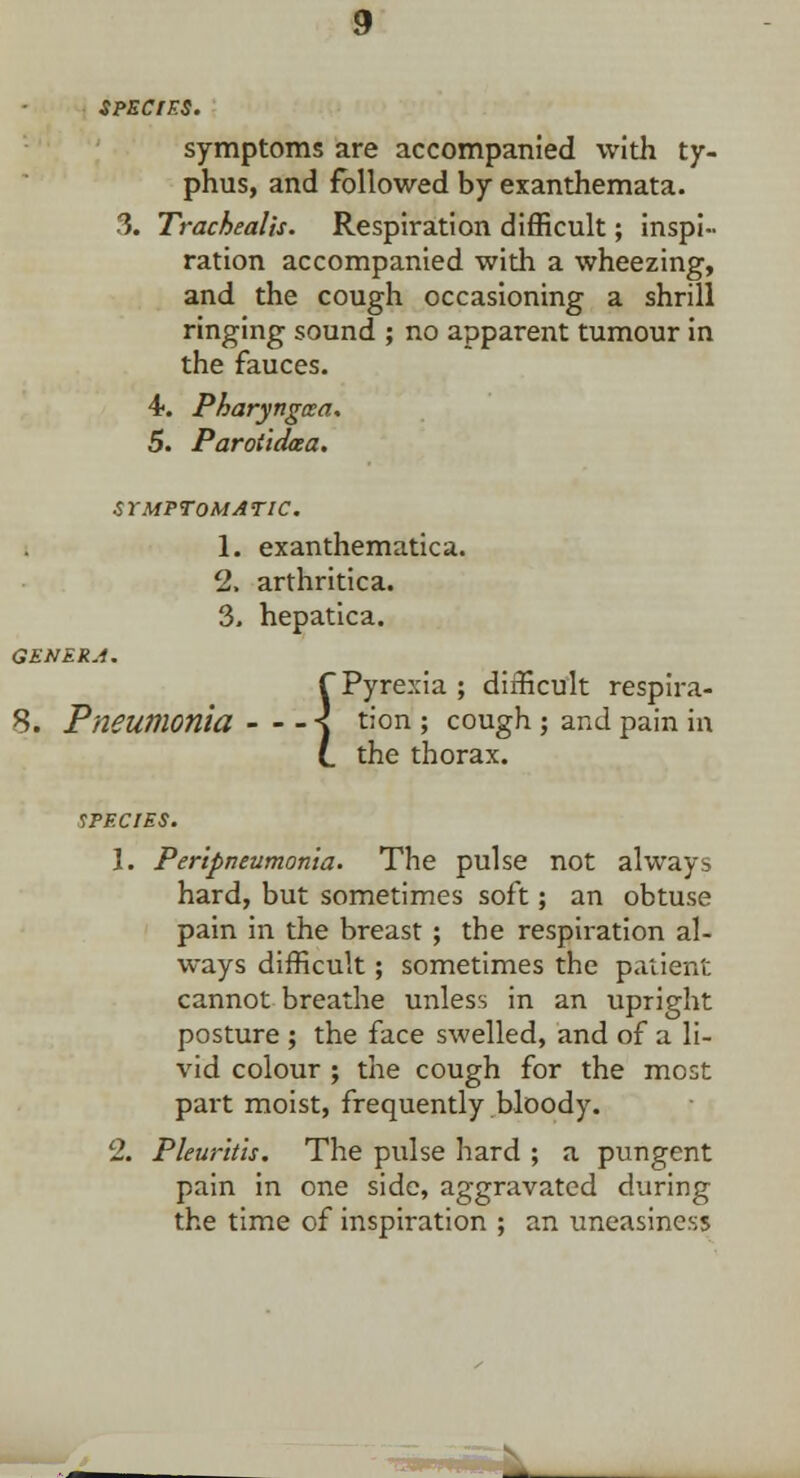symptoms are accompanied with ty- phus, and followed by exanthemata. 3. Trachealis. Respiration difficult; inspi- ration accompanied with a wheezing, and the cough occasioning a shrill ringing sound ; no apparent tumour in the fauces. 4-. Pharyngaa. 5. Paroiidaa. SYMPTOMATIC. 1. exanthematica. 2. arthritica. 3. hepatica. fPyi I th Pyrexia ; difficult respira- 8. Pneumonia - - - ^ ti™ ; cough ; and pain in the thorax. 1PECIES. 1. Peripneumonia. The pulse not always hard, but sometimes soft; an obtuse pain in the breast ; the respiration al- ways difficult; sometimes the patient cannot breathe unless in an upright posture ; the face swelled, and of a li- vid colour ; the cough for the most part moist, frequently bloody. 2. Pleuritis. The pulse hard ; a pungent pain in one side, aggravated during the time of inspiration ; an uneasiness