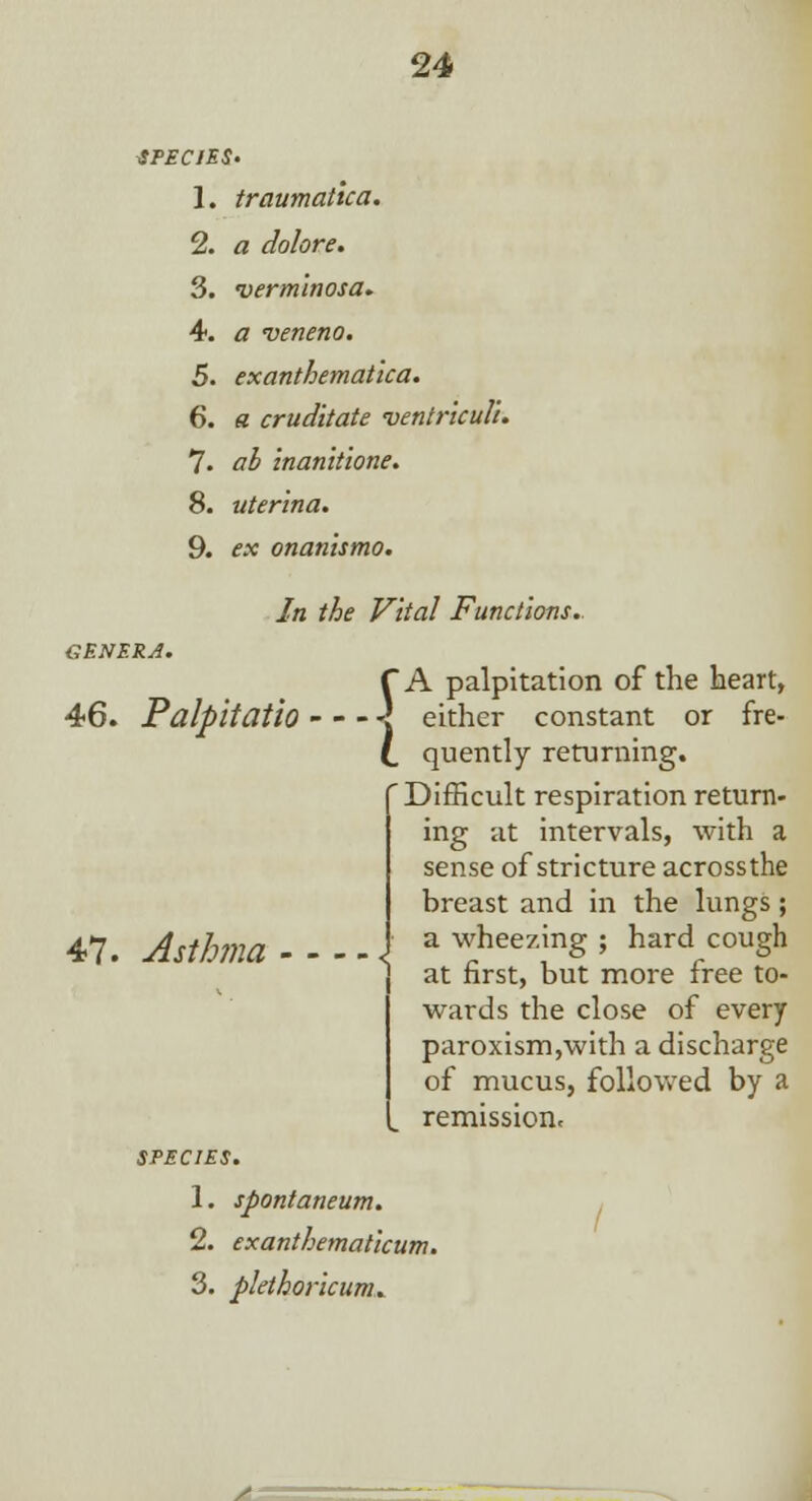 SPECIES. 1. traumatica. 2. a dolore. 3. •verminosa. 4. a veneno. 5. exanthematica. 6. a cruditate ventriculi. 7. ab inanitione. 8. uterina. 9. ex onanismo. In the Vital Functions. GENERA. 46. Palpitatio - 47. Asthma '\ f A palpitation of the heart, < either constant or fre- {_ quently returning. Difficult respiration return- ing at intervals, with a sense of stricture across the breast and in the lungs; a wheezing ; hard cough at first, but more free to- wards the close of every paroxism,with a discharge of mucus, followed by a remission. 1. spontaneum. 2. exanthematicum. 3. plethoricum*