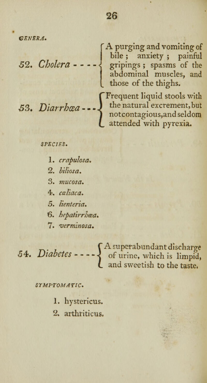 GENERA. 52. Cholera S3. Diarrhoea ' A purging and vomiting of bile; anxiety ; painful gripings ; spasms of the abdominal muscles, and those of the thighs. f~Frequent liquid stools with m j the natural excrement, but J notcontagious,and seldom l_ attended with pyrexia. 1. crapulosa, 2. biliosa. 3. mucosa. 4. caliaca. 5. lienteria. 6. hepatirrhaa. 7. verminosa. 54. Diabetes ■{ A superabundant discharge of urine, which is limpid, and sweetish to the taste. SYMPTOMATIC. 1. hystericus. 2. arthriticus.