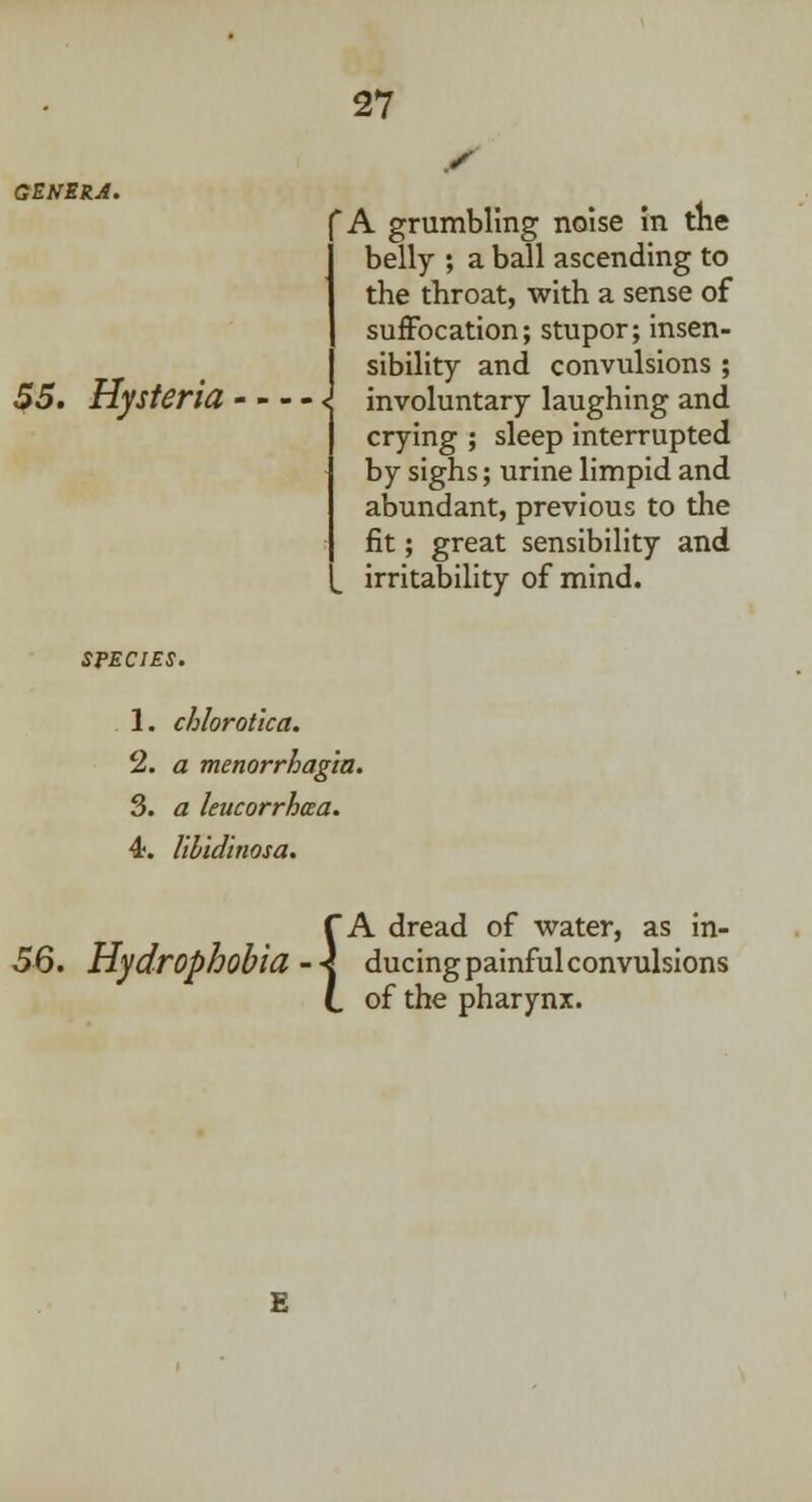 GENERA. 55. Hysteria 'A grumbling noise in the belly ; a ball ascending to the throat, with a sense of suffocation; stupor; insen- sibility and convulsions ; - < involuntary laughing and crying ; sleep interrupted by sighs; urine limpid and abundant, previous to the fit; great sensibility and irritability of mind. SPECIES. 1. chlorotlca. 2. a menorrhagia. 3. a leucorrhaa. 4. libidinosa. 56. Hydrophobia i A dread of water, as in- ducing painful convulsions of the pharynx.