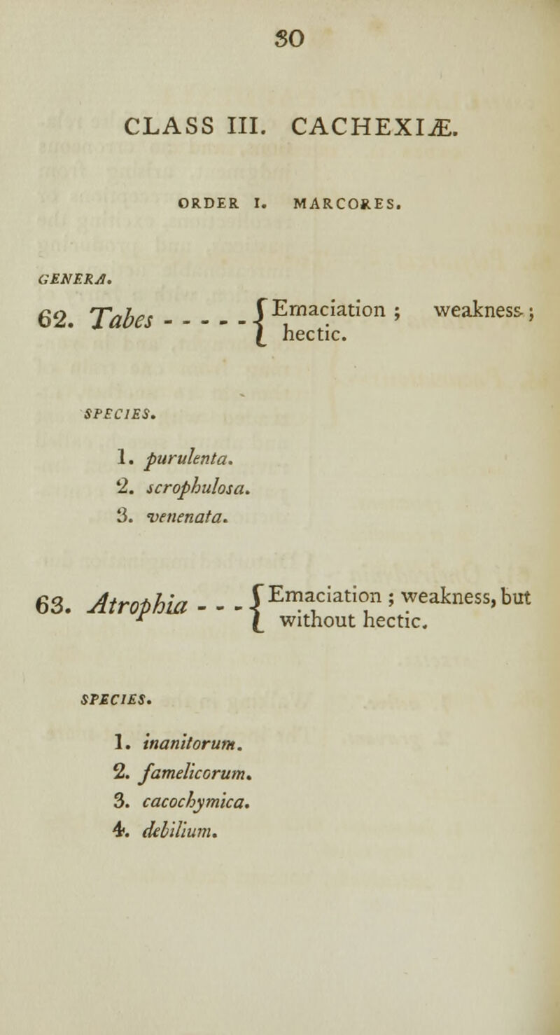 so CLASS III. CACHEXIA. ORDER I. MARCORES. 62 Tabes ----- J Emaciation ; weakness; \ hectic. 1. purulenta. 1. scrophulosa. 3. venenata. 63. Atrophia - - - jEn?aciation ; weakness, but -* £ without hectic. SPECIES. 1. inanitorum. 2. famelkorum. 3. cacochymica. 4. deb'illum.