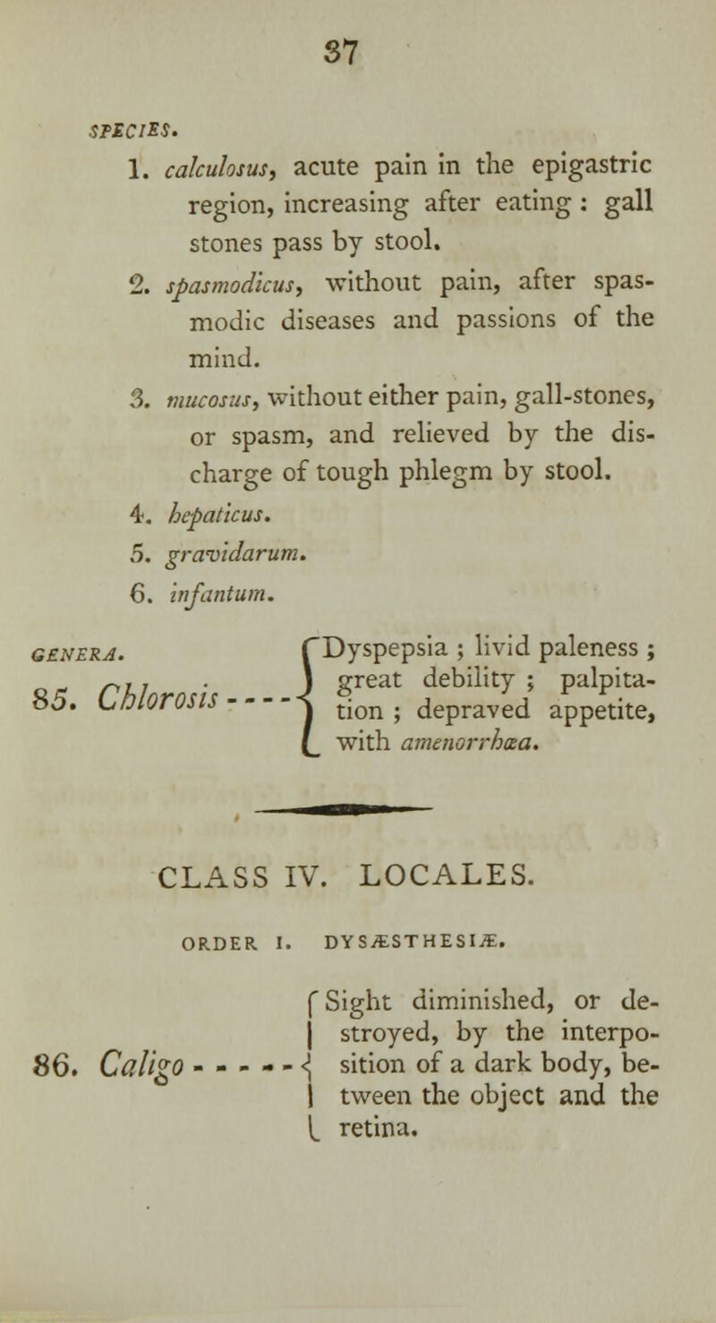 SPECIES. 1. calculosus, acute pain in the epigastric region, increasing after eating : gall stones pass by stool. 1. spasmodicus, without pain, after spas- modic diseases and passions of the mind. 3. mucosas, without either pain, gall-stones, or spasm, and relieved by the dis- charge of tough phlegm by stool. 4. hepaticus. 5. gravidarum. 6. infantum. genera. {Dyspepsia ; livid paleness ; S* Chhrmh \ great debilit^ PalFta- k tion ; depraved appetite, with amenorrhea. f CLASS IV. LOCALES. ORDER I. DYS/ESTHESI.S. f Sight diminished, or de- stroyed, by the interpo- 86. CallgO m m m mmi sition of a dark body, be- | tween the object and the [_ retina.