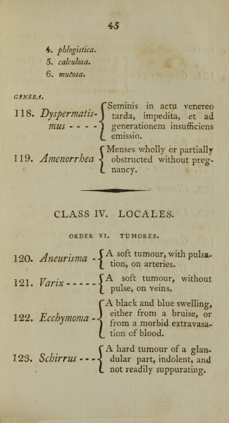 4. phlogistic a. 5. calculosa. 6. mucosa. rSeminis in actu venereo 118. Dyspermaits-\ tarda, impedita, et ad THUS - - - - J generationem insufficiens emissio. {Menses wholly or partially obstructed without preg- nancy. CLASS IV. LOCALES. ORDER VI. TUMORES. 120. Aneurisma .JA soft tumour, with pulsa- (_ tion, on arteries. 121. Varix iA soft tum?ur> without  (_ pulse, on veins. fAl J eii '1 fr. L tic A black and blue swelling, 122. EcchNmoma-X f^r from a bruise, or j from a morbid extravasa- tion of blood. {A hard tumour of a glan- dular part, indolent, and not readily suppurating.