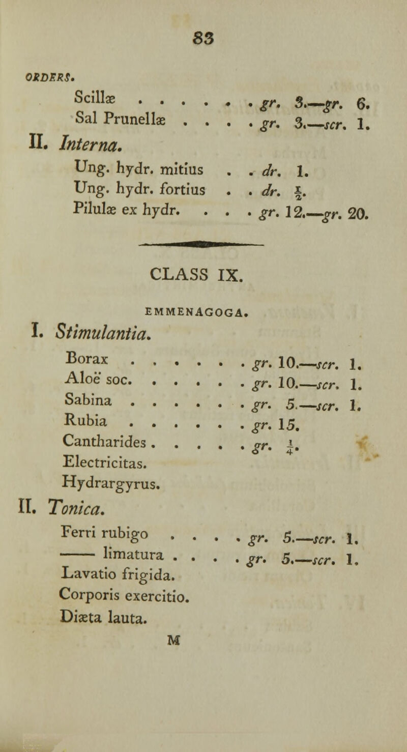 OXDERS. Scillae .... . . gr. S.—gr. 6. Sal Prunellae . . . . gr. 3.—scr. 1. II. Interna. Ung. hydr. mitius . . dr. 1. Ung. hydr. fortius • • dr. §. Pilulas ex hydr. . • gr. 12.—gr. 20. CLASS IX. EMMENAGOGA. I. Stimulantia. Borax .... Aloe soc. . . . Sabina .... Rubia Cantharides. . . Electricitas. . gr. 10.—scr. 1. • gr. 10—scr. 1. . gr. 5.—scr. 1. • gr. 15. • gr- |. Hydrargyrus. II. Tonka. Ferri rubigo . . , limatura . . . Lavatio frigida. . gr. 5.—scr. 1. • gr. 5.—scr. 1. Corporis exercitio. Diaeta lauta. M