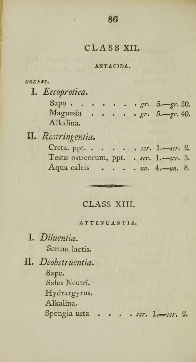 CLASS XII. ANTACIDA. ORDERS. I. Eccoprotica. Sapo gr. 5.—gr. 30. Magnesia gr. 5.—gr. 40. Alkalina. II. Restringentia. Creta. ppt scr. 1.—scr. 2. Testas ostreorum, ppt. . scr. 1.—scr. 3. Aqua calcis . . . . un. 4.—««. 8. CLASS XIII. ATTENUANTIA. I. Dilaentia. Serum lactis. II. Deobstruentia. Sapo. Sales Neutri. Hydrargyrus. Alkalina. Spongia usta .... scr. 1,—scr. 2.