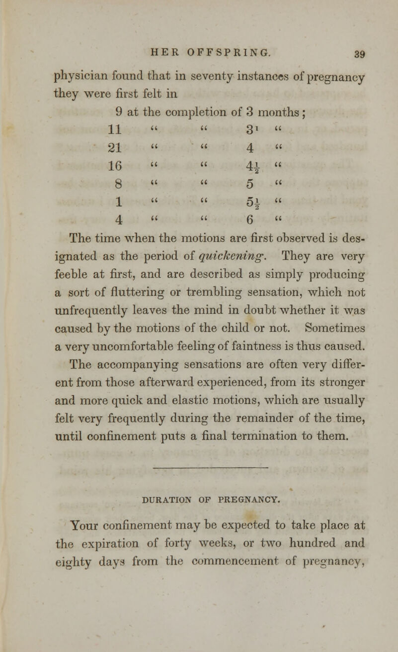 physician found that in seventy instances of pregnancy they were first felt in 9 at the completion of 3 months; 11 21  16 8 « 1 4 The time when the mot 31 4 4i 5 6 ons are first observed is des- ignated as the period of quickening. They are very feeble at first, and are described as simply producing a sort of fluttering or trembling sensation, which not unfrequently leaves the mind in doubt whether it was caused by the motions of the child or not. Sometimes a very uncomfortable feeling of faintness is thus caused. The accompanying sensations are often very differ- ent from those afterward experienced, from its stronger and more quick and elastic motions, which are usually felt very frequently during the remainder of the time, until confinement puts a final termination to them. DURATION OF PREGNANCY. Your confinement may be expected to take place at the expiration of forty weeks, or two hundred and eighty days from the commencement of pregnancy,