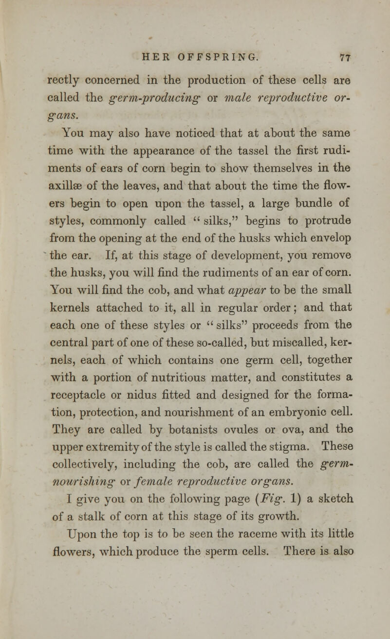 rectly concerned in the production of these cells are called the germ-producing or male reproductive or- gans. You may also have noticed that at about the same time with the appearance of the tassel the first rudi- ments of ears of corn begin to show themselves in the axillae of the leaves, and that about the time the flow- ers begin to open upon the tassel, a large bundle of styles, commonly called  silks, begins to protrude from the opening at the end of the husks which envelop the ear. If, at this stage of development, you remove the husks, you will find the rudiments of an ear of corn. You will find the cob, and what appear to be the small kernels attached to it, all in regular order; and that each one of these styles or  silks proceeds from the central part of one of these so-called, but miscalled, ker- nels, each of which contains one germ cell, together with a portion of nutritious matter, and constitutes a receptacle or nidus fitted and designed for the forma- tion, protection, and nourishment of an embryonic cell. They are called by botanists ovules or ova, and the upper extremity of the style is called the stigma. These collectively, including the cob, are called the germ- nourishing or female reproductive organs. I give you on the following page (Fig. 1) a sketch of a stalk of corn at this stage of its growth. Upon the top is to be seen the raceme with its little flowers, which produce the sperm cells. There is also