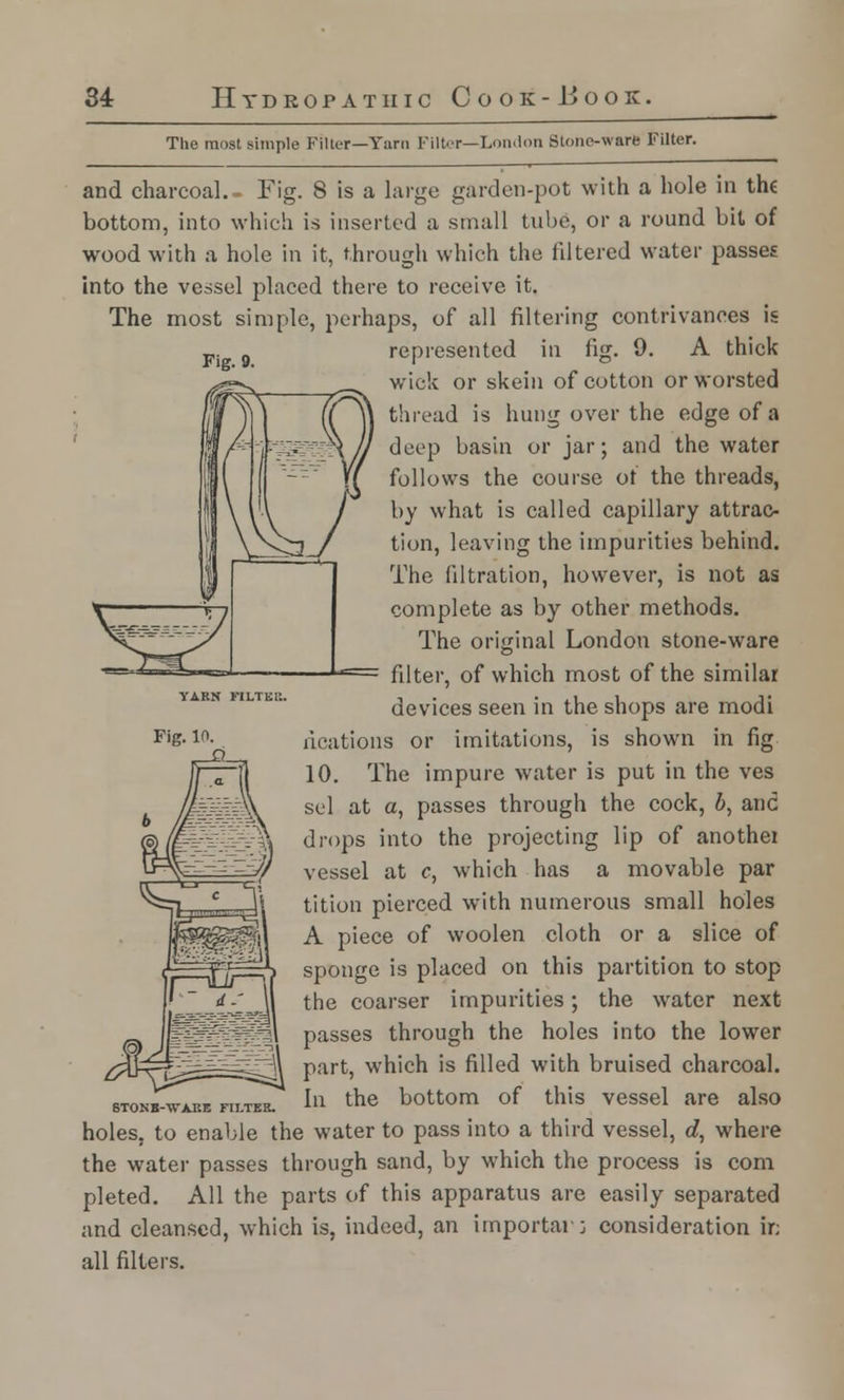 The most simple Filter—Yarn Filter—London Stone-ware Filter. Fig. 9. YARN FILTER. and charcoal.. Fig. 8 is a large garden-pot with a hole in the bottom, into which is inserted a small tube, or a round bit of wood with a hole in it, through which the filtered water passes into the vessel placed there to receive it. The most simple, perhaps, of all filtering contrivances is represented in fig. 9. A thick wick or skein of cotton or worsted thread is hung over the edge of a deep basin or jar; and the water follows the course of the threads, by what is called capillary attrac- tion, leaving the impurities behind. The filtration, however, is not as complete as by other methods. The original London stone-ware filter, of which most of the similar devices seen in the shops are modi rications or imitations, is shown in fig 10. The impure water is put in the ves sel at a, passes through the cock, 6, and drops into the projecting lip of anothei vessel at c, which has a movable par tition pierced with numerous small holes A piece of woolen cloth or a slice of sponge is placed on this partition to stop the coarser impurities; the water next passes through the holes into the lower part, which is filled with bruised charcoal. In the bottom of this vessel are also holes, to enable the water to pass into a third vessel, d, where the water passes through sand, by which the process is com pleted. All the parts of this apparatus are easily separated and cleansed, which is, indeed, an importar; consideration ir; all filters. Fig. 10. STONB-WAEE FILTER.