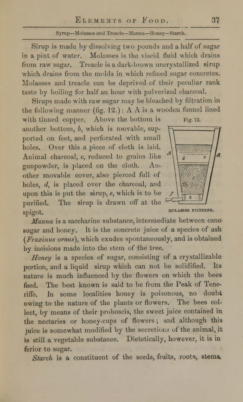 Syrup—Molasses and Treacle—Manna—Honey—Starch. Sirup is made by dissolving two pounds and a half of sugar in a pint of water. Molasses is the viscid fluid which drains from raw sugar. Treacle is a dark-brown uncrystallized sirup which drains from the molds in which refined sugar concretes. Molasses and treacle can be deprived of their peculiar rank taste by boiling for half an hour with pulverized charcoal. Sirups made with raw sugar may be bleached by filtration in the following manner (fig. 12.): A A is a wooden funnel lined with tinned copper. Above the bottom is Fig. 12. another bottom, &, which is movable, sup- ported on feet, and. perforated with small holes. Over this a piece of cloth is laid. Animal charcoal, c, reduced to grains like gunpowder, is placed on the cloth. An- other movable cover, also pierced full of holes, d, is placed over the charcoal, and upon this is put the sirup, e, which is to be purified. The sirup is drawn off at the s. ,j(TOf MOLASSES FILTEKER. Manna is a saccharine substance, intermediate betwreen cane sugar and honey. It is the concrete juice of a species of ash (Fraxinus omus), which exudes spontaneously, and is obtained by incisions made into the stem of the tree. Honey is a species of sugar, consisting of a crystallizable portion, and a liquid sirup which can not be solidified. Its nature is much influenced by the flowers on which the bees feed. The best known is said to be from the Peak of Tene- riffo. In some localities honey is poisonous, no doubt owing to the nature of the plants or flowers. The bees col- lect, by means of their proboscis, the sweet juice contained in the nectaries or honey-cups of flowers; and although this juice is somewhat modified by the secretions of the animal, it is still a vegetable substance. Dietetically, however, it is in ferior to sugar. Starch is a constituent of the seeds, fruits, roots, stems,