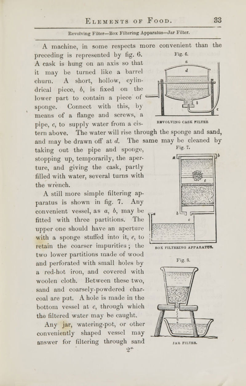 Revolving Filter—Box Filtering Apparatus—Jar Filter. A machine, in some respects more convenient than the preceding is represented by fig. 6. Fig. 6. A cask is hung on an axis so that it may be turned like a barrel churn. A short, hollow, cylin- drical piece, b, is fixed on the lower part to contain a piece of sponge. Connect with this, by means of a flange and screws, a pipe, c, to supply water from a cis- evolving cask mm tern above. The water will rise through the sponge and sand, and may be drawn off at d. The same may be cleaned by taking out the pipe and sponge, stopping up, temporarily, the aper- ture, and giving the cask, partly filled with water, several turns with the wrench. A still more simple filtering ap- paratus is shown in fig. 7. Any convenient vessel, as a, b, may be fitted with three partitions. The upper one should have an aperture with a sponge stuffed into it, e, to retain the coarser impurities ; the two lower partitions made of wood and perforated with small holes by a red-hot iron, and covered with woolen cloth. Between these two, sand and coarsely-powdered char- coal are put. A hole is made in the bottom vessel at c, through which tho filtered water may be caught. Any jar, watering-pot, or other conveniently shaped vessel may answer for filtering through sand •2* BOX FILTERING APPARATUS. Fig. 3.