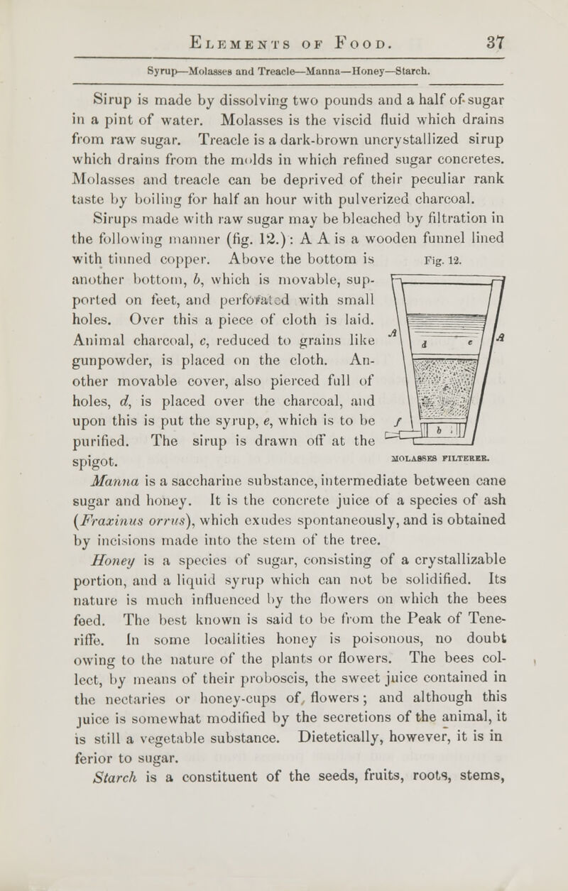 Syrup—Molasses and Treacle—Manna—Honey—Starch. Sirup is made by dissolving two pounds and a half of-sugar in a pint of water. Molasses is the viscid fluid which drains from raw sugar. Treacle is a dark-brown uncrystallized sirup which drains from the molds in which refined sugar concretes. Molasses and treacle can be deprived of their peculiar rank taste by boiling for half an hour with pulverized charcoal. Sirups made with raw sugar may be bleached by filtration in the following manner (fig. 12.): A A is a wooden funnel lined with tinned copper. Above the bottom is Fig. 12. another bottom, b, which is movable, sup- ported on feet, and perforated with small holes. Over this a piece of cloth is laid. Animal charcoal, 0, reduced to grains like gunpowder, is placed on the cloth. An- other movable cover, also pierced full of holes, d, is placed over the charcoal, and upon this is put the syrup, e, which is to be purified. The sirup is drawn off at the spigot. Manna is a saccharine substance, intermediate between cane sugar and honey. It is the concrete juice of a species of ash (Fraxinus orrus), which exudes spontaneously, and is obtained by incisions made into the stem of the tree. Honey is a species of sugar, consisting of a crystallizable portion, and a liquid syrup which can not be solidified. Its nature is much influenced by the flowers on which the bees feed. The best known is said to be from the Peak of Tene- riffe. In some localities honey is poisonous, no doubt owing to the nature of the plants or flowers. The bees col- lect, by means of their proboscis, the sweet juice contained in the nectaries or honey-cups of, flowers; and although this juice is somewhat modified by the secretions of the animal, it is still a vegetable substance. Dietetically, however, it is in ferior to sugar. Starch is a constituent of the seeds, fruits, roots, stems, 1IOLA8BE8 FILTKRER.