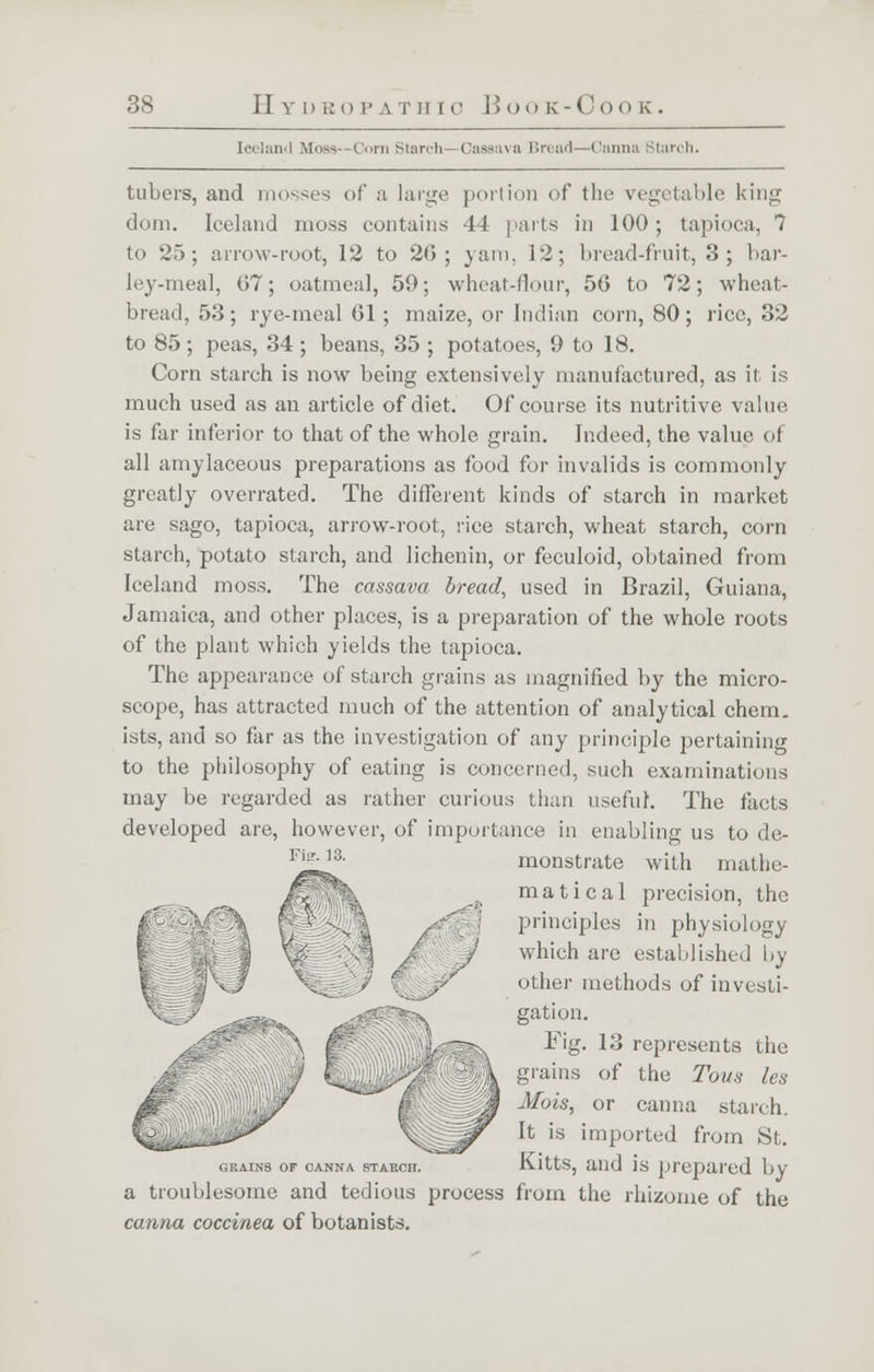 Iceland Moss—Com Starch Cassava Bread—Canna Starch. tubers, and mosses of a large portion of the vegetable king dom. Iceland moss contains 44 parts in 100; tapioca, 7 to 25; a now-root, 12 to 20; yam, 12; bread-fruit, 3; bar- ley-meal, 07; oatmeal, 59; wheat-flour, 5G to 72; wheat- bread, 53; rye-meal 01 ; maize, or Indian corn, 80; rice, 32 to 85 ; peas, 34 ; beans, 35 ; potatoes, 9 to 18. Corn starch is now being extensively manufactured, as it is much used as an article of diet. Of course its nutritive value is far inferior to that of the whole grain. Indeed, the value of all amylaceous preparations as food for invalids is commonly greatly overrated. The different kinds of starch in market are sago, tapioca, arrow-root, rice starch, wheat starch, corn starch, potato starch, and lichenin, or feculoid, obtained from Iceland moss. The cassava bread, used in Brazil, Guiana, Jamaica, and other places, is a preparation of the whole roots of the plant which yields the tapioca. The appearance of starch grains as magnified by the micro- scope, has attracted much of the attention of analytical chem. ists, and so far as the investigation of any principle pertaining to the philosophy of eating is concerned, such examinations may be regarded as rather curious than useful. The facts developed are, however, of importance in enabling us to de- FifJa monstrate with mathe- matical precision, the principles in physiology which are established by other methods of investi- gation. Fig. 13 represents the grains of the Tons les Mois, or canna starch. It is imported from St. grains of canna sTAP.on. Kitts, and is pi'epai'cd by a troublesome and tedious process from the rhizome of the canna coccinea of botanists.