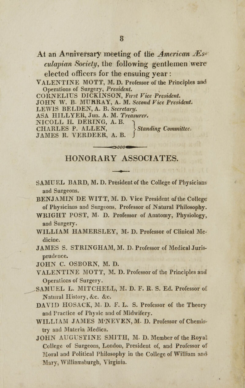 At an Anniversary meeting of the American Ms- culapian Society, the following gentlemen were elected officers for the ensuing year: VALENTINE MOTT, M. D. Professor of tbe Principles and Operations of Surgery, President. CORNELIUS DICKINSON, First Vice President. JOHN W. B. MURRAY, A. M. Second Vice President. LEWIS BELDEN, A. B. Secretary. ASA HILLYER, Jun. A. M. Treasurer. NICOLL H. BERING, A. B. -) CHARLES P. ALLEN, <> Standing Committee. JAMES R. VERDEER, A. B. J HONORARY ASSOCIATES. SAMUEL BARD, M. D. President of the College of Physicians and Surgeons. BENJAMIN DE WITT, M. D. Vice President of the College of Physicians and Surgeons, Professor of Natural Philosophy. WRIGHT POST, M. D. Professor of Anatomy, Physiology, and Surgery. WILLIAM HAMERSLEY, M. D. Professor of Clinical Me- dicine. JAMES S. STRINGHAM, M. D. Professor of Medical Juris- prudence. JOHN C. OSBORN, M. D. VALENTINE MOTT, M. D. Professor of the Principles and Operations of Surgery. SAMUEL L. MITCHELL, M. D. F. R. S. Ed. Professor of Natural History, &c. &c. DAVID HOSACK, M. D. F. L. S. Professor of the Theory and Practice of Physic and of Midwifery. WILLIAM JAMES M'NEVEN,M. D. Professor of Chemis- try and Materia Medica. JOHN AUGUSTINE SMITH, M. D. Member of the Royal College of Surgeons, London, President of, and Professor of Moral and Political Philosophy in the College of William and Mary, Williamsburgh, Virginia.