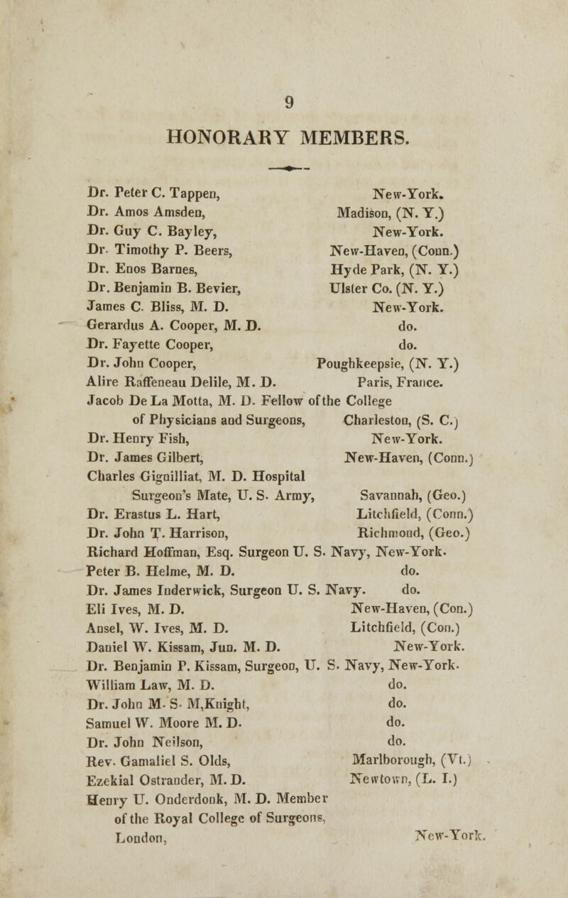HONORARY MEMBERS. Dr. Peter C. Tappen, New-York. Dr. Amos AmsdeD, Madison, (N. Y.) Dr. Guy C. Bay ley, New-York. Dr. Timothy P. Beers, New-Haveo, (Coun.) Dr. Enos Barnes, Hyde Park, (N. Y.) Dr. Benjamin B. Bevier, Ulster Co. (N. Y.) James C Bliss, M. D. New-York. Gerardus A. Cooper, M. D. do. Dr. Fayette Cooper, do. Dr. John Cooper, Poughkeepsie, (N. Y.) Alire Raffeneau Delile, M. D. Paris, France. Jacob DeLa Motta, M. D. Fellow of the College of Physicians and Surgeons, Charleston, (S. C.) Dr. Henry Fish, New-York. Dr. James Gilbert, New-Haven, (Conn.) Charles Gigoilliat, M. D. Hospital Surgeon's Mate, U. S- Array, Savannah, (Geo.) Dr. Erastus L. Hart, Litchfield, (Conn.) Dr. John T. Harrison, Richmond, (Geo.) Richard Hoffman, Esq. Surgeon U. S. Navy, New-York. Peter B. Helme, M. D. do. Dr. James Inderwick, Surgeon U. S. Navy. do. Eli Ives, M. D. New-Haven, (Con.) Ansel, W. Ives, M. D. Litchfield, (Con.) Daniel W. Kissam, Jun. M. D. New-York. Dr. Benjamin P. Kissam, Surgeon, U. S. Navy, New-York. William Law, M. D. do. Dr. John M- S- M,Kuight, do. Samuel W. Moore M. D. do. Dr. John Neilson, do. Rev. Gamaliel S. Olds, Marlborough, (Vt.) Ezekial Ostrander, M. D. Newtown, (L. I.) Henry U. Onderdonk, M. D. Member of the Royal College of Surgeons, London, New-York