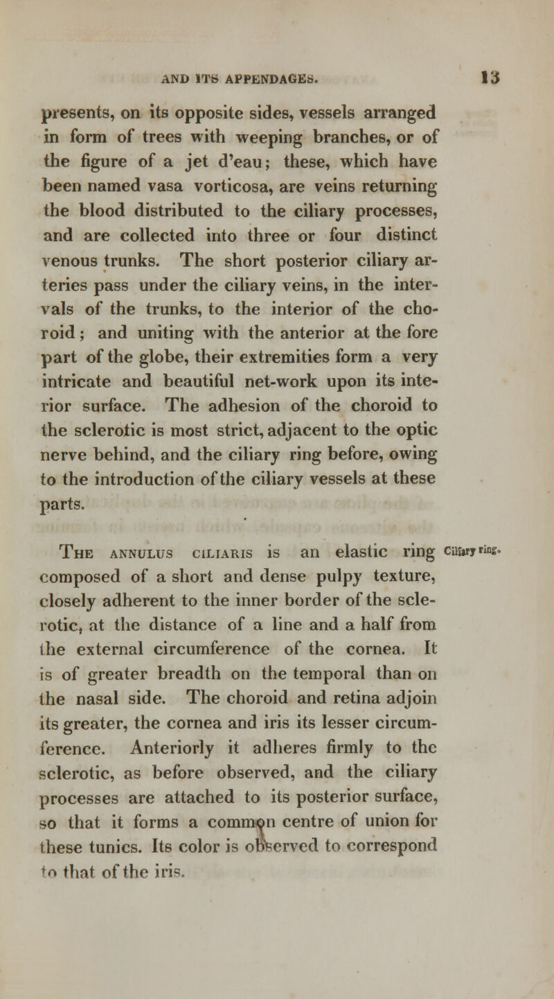 presents, on its opposite sides, vessels arranged in form of trees with weeping branches, or of the figure of a jet d'eau; these, which have been named vasa vorticosa, are veins returning the blood distributed to the ciliary processes, and are collected into three or four distinct venous trunks. The short posterior ciliary ar- teries pass under the ciliary veins, in the inter- vals of the trunks, to the interior of the cho- roid ; and uniting with the anterior at the fore part of the globe, their extremities form a very intricate and beautiful net-work upon its inte- rior surface. The adhesion of the choroid to the sclerotic is most strict, adjacent to the optic nerve behind, and the ciliary ring before, owing to the introduction of the ciliary vessels at these parts. The annulus ciliaris is an elastic ring cu&ryrto. composed of a short and dense pulpy texture, closely adherent to the inner border of the scle- rotic, at the distance of a line and a half from the external circumference of the cornea. It is of greater breadth on the temporal than on the nasal side. The choroid and retina adjoin its greater, the cornea and iris its lesser circum- ference. Anteriorly it adheres firmly to the sclerotic, as before observed, and the ciliary processes are attached to its posterior surface, so that it forms a common centre of union for these tunics. Its color is observed to correspond to that of the irK