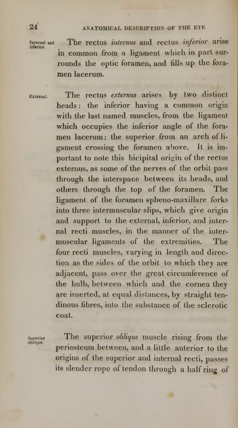 internal and The rectus ifitemus and rectus inferior arise inferior. * in common from a ligament which in part sur- rounds the optic foramen, and fills up the fora- men lacerum. External. The rectus externus arises by two distinct heads: the inferior having a common origin with the last named muscles, from the ligament which occupies the inferior angle of the fora- men lacerum; the superior from an arch of li- gament crossing the foramen above. It is im- portant to note this bicipital origin of the rectus externus, as some of the nerves of the orbit pass through the interspace between its heads, and others through the top of the foramen. The ligament of the foramen spheno-maxillare forks into three intermuscular slips, which give origin and support to the external, inferior, and inter- nal recti muscles, in the manner of the inter- muscular ligaments of the extremities. The four recti muscles, varying in length and direc- tion as the sides of the orbit to which they are adjacent, pass over the great circumference of the bulb, between which and the cornea they are inserted, at equal distances, by straight ten- dinous fibres, into the substance of the sclerotic coat. superior The superior oblique muscle rising from the periosteum between, and a little anterior to the origins of the superior and internal recti, passes its slender rope of tendon through a half ring of oblique