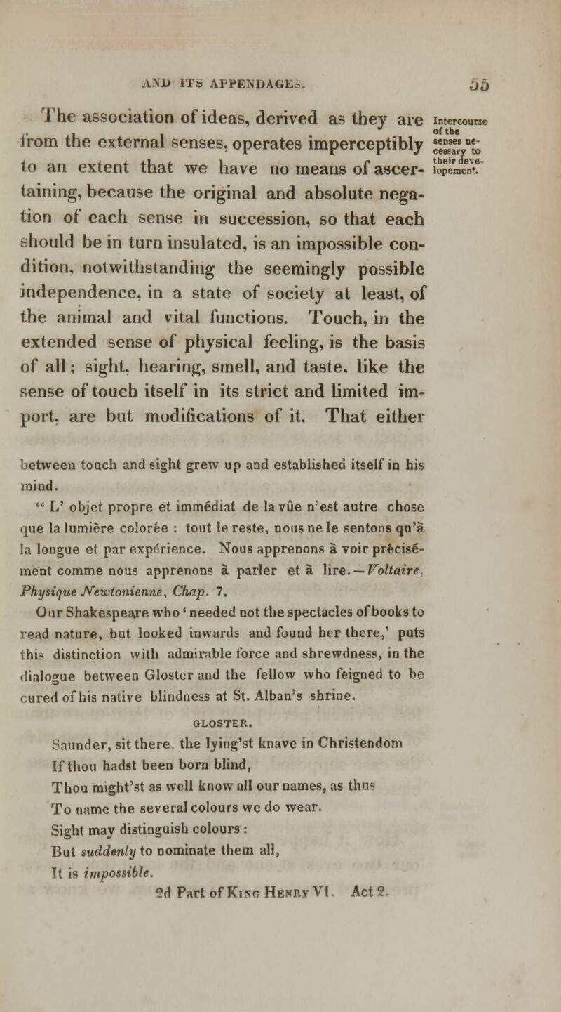 The association of ideas, derived as they are intercourse , of the lrom the external senses, operates imperceptibly H™£™to to an extent that we have no means of ascer- lopemMtf taining, because the original and absolute nega- tion of each sense in succession, so that each should be in turn insulated, is an impossible con- dition, notwithstanding the seemingly possible independence, in a state of society at least, of the animal and vital functions. Touch, in the extended sense of physical feeling, is the basis of all; sight, hearing, smell, and taste, like the sense of touch itself in its strict and limited im- port, are but modifications of it. That either between touch and sight grew up and established itself in his mind. L' objet propre et immediat de lavue n'est autre chose que la lumiere coloree : tout le reste, nous ne le sentons qu'a la longue et par experience. Nous apprenons a voir precise- merit comme nous apprenons a parler eta lire.— Voltaire. Physique Newtonienne, Chap. 7. Our Shakespeare who • needed not the spectacles of books to read nature, but looked inwards and found her there,'1 puts thi* distinction with admirable force and shrewdness, in the dialogue between Gloster and the fellow who feigned to be cared of his native blindness at St. Alban's shrine. GLOSTER. Saunder, sit there, the lying'st knave in Christendom If thou hadst been born blind, Thou might'st as well know all our names, as thus To name the several colours we do wear. Sight may distinguish colours : But suddenly to nominate them all, Tt is impossible.