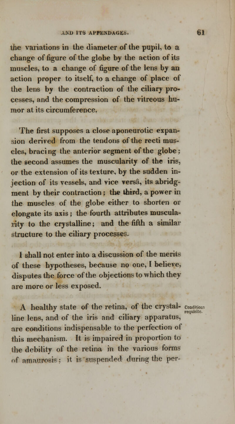 the variations in the diameter of the pupil, to a change of figure of the globe by the action of its muscles, to a change of figure of the lens by an action proper to itself, to a change of place of the lens by the contraction of the ciliary pro- cesses, and the compression of the vitreous hu- mor at its circumference. The first supposes a close aponeurotic expan- sion derived from the tendons of the recti mus- cles, braci ng the anterior segment of the globe; the second assumes the muscularity of the iris, or the extension of its texture, by the sudden in- jection of its vessels, and vice versa, its abridg- ment by their contraction; the third, a power in the muscles of the globe either to shorten or elongate its axis; the fourth attributes muscula- rity to the crystalline; and the fifth a similar structure to the ciliary processes. I shall not enter into a discussion of the merits of these hypotheses, because no one, I believe, disputes the force of the objections to which they are more or less exposed. A healthy state of the retina, of the crystal- condition- J requisite. line lens, and of the iris and ciliary apparatus, are conditions indispensable to the perfection of this mechanism. It is impaired in proportion to the debility of the retina in the various forms of amaurosis: it is suspended during the per-