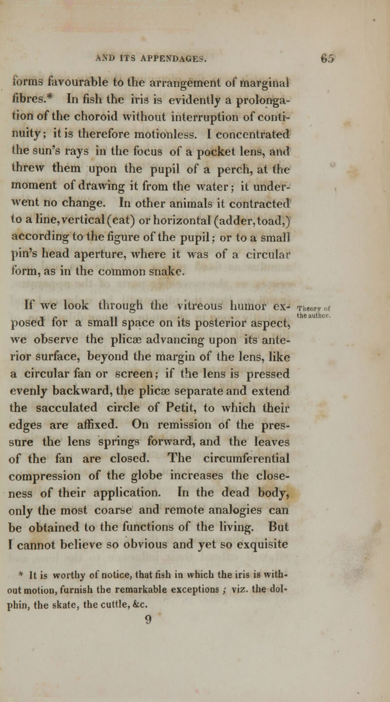 forms favourable to the arrangement of marginal fibres * In fish the iris is evidently a prolonga- tion of the choroid without interruption of conti- nuity ; it is therefore motionless. I concentrated the sun's rays in the focus of a pocket lens, and threw them upon the pupil of a perch, at the moment of drawing it from the water; it under- went no change. In other animals it contracted to a line, vertical (cat) or horizontal (adder, toad,) according to the figure of the pupil; or to a small pin's head aperture, where it was of a circular form, as in the common snake. If we look through the vitreous humor ex- Theory oi , p. ,, . _, . the author. posed tor a small space on its posterior aspect, we observe the plicae advancing upon its ante- rior surface, beyond the margin of the lens, like a circular fan or screen; if the lens is pressed evenly backward, the plicae separate and extend the sacculated circle of Petit, to which their edges are affixed. On remission of the pres- sure the lens springs forward, and the leaves of the fan are closed. The circumferential compression of the globe increases the close- ness of their application. In the dead body, only the most coarse and remote analogies can be obtained to the functions of the living. But I cannot believe so obvious and yet so exquisite * It is worthy of notice, that fish in which the iris is with- out motion, furnish the remarkable exceptions; viz. the dol- phin, the skate, the cuttle, &c. 9