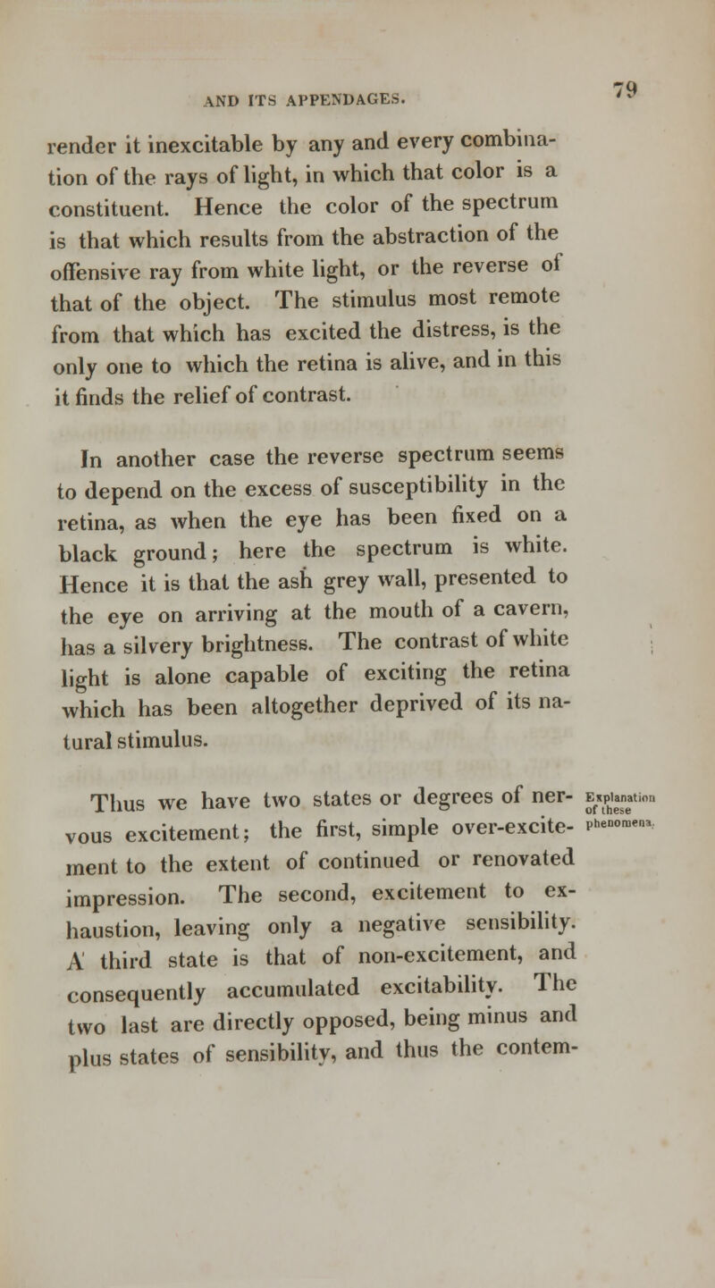 render it inexcitable by any and every combina- tion of the rays of light, in which that color is a constituent. Hence the color of the spectrum is that which results from the abstraction of the offensive ray from white light, or the reverse of that of the object. The stimulus most remote from that which has excited the distress, is the only one to which the retina is alive, and in this it finds the relief of contrast. In another case the reverse spectrum seems to depend on the excess of susceptibility in the retina, as when the eye has been fixed on a black ground; here the spectrum is white. Hence it is that the ash grey wall, presented to the eye on arriving at the mouth of a cavern, has a silvery brightness. The contrast of white light is alone capable of exciting the retina which has been altogether deprived of its na- tural stimulus. Thus we have two states or degrees of ner- ^u»tioi vous excitement; the first, simple over-excite- ph'~ ment to the extent of continued or renovated impression. The second, excitement to ex- haustion, leaving only a negative sensibility. A third state is that of non-excitement, and consequently accumulated excitability. The two last are directly opposed, being minus and plus states of sensibility, and thus the contem-