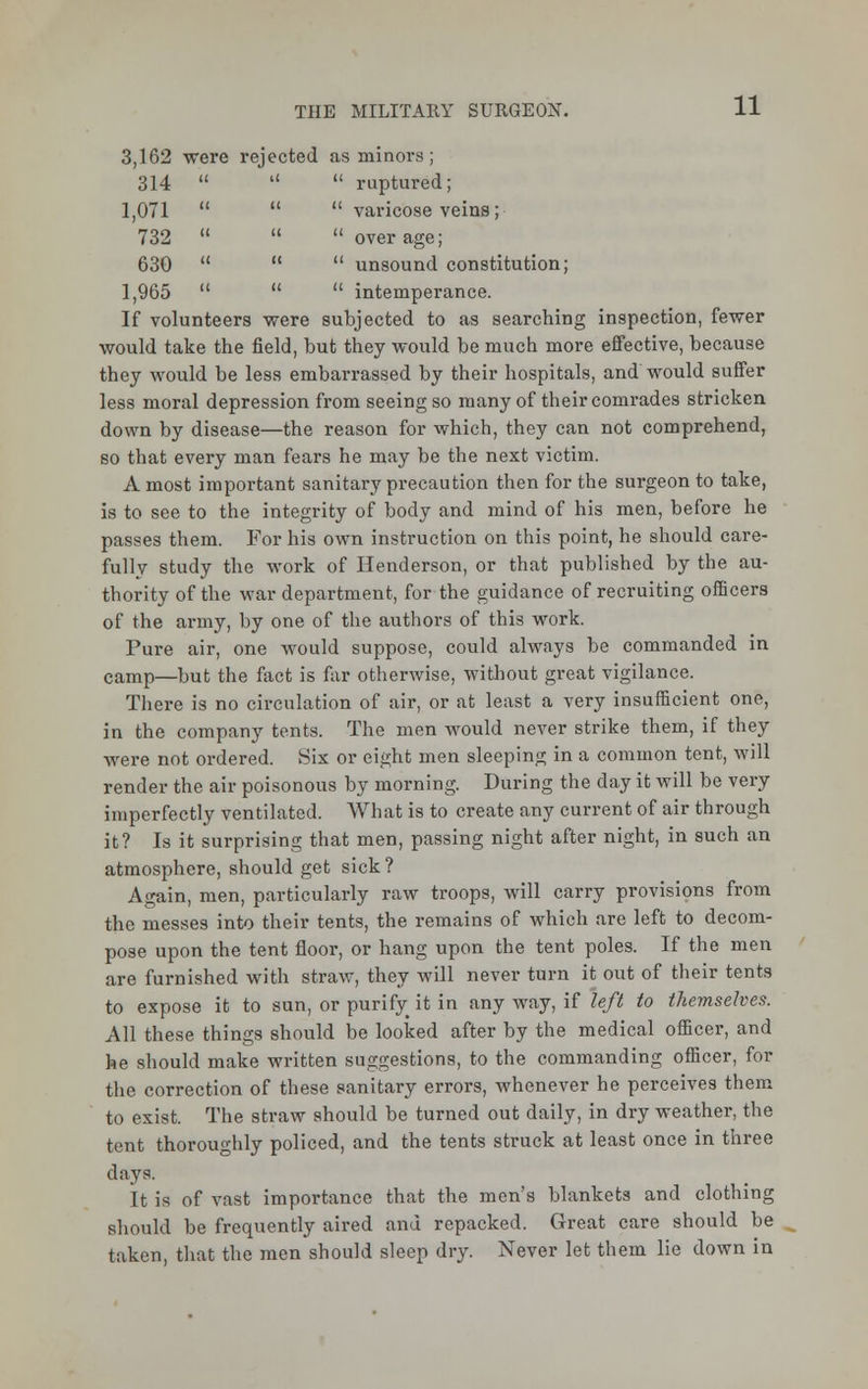 3,162 were rejected as minors ; 314    ruptured; 1,071    varicose veins; 732    over age; 630    unsound constitution; 1,965    intemperance. If volunteers were subjected to as searching inspection, fewer would take the field, but they would be much more effective, because they would be less embarrassed by their hospitals, and would suffer less moral depression from seeing so many of their comrades stricken down by disease—the reason for which, they can not comprehend, so that every man fears he may be the next victim. A most important sanitary precaution then for the surgeon to take, is to see to the integrity of body and mind of his men, before he passes them. For his own instruction on this point, he should care- fully study the work of Henderson, or that published by the au- thority of the war department, for the guidance of recruiting officers of the army, by one of the authors of this work. Pure air, one would suppose, could always be commanded in camp—but the fact is far otherwise, without great vigilance. There is no circulation of air, or at least a very insufficient one, in the company tents. The men would never strike them, if they were not ordered. Six or eight men sleeping in a common tent, will render the air poisonous by morning. During the day it will be very imperfectly ventilated. What is to create any current of air through it? Is it surprising that men, passing night after night, in such an atmosphere, should get sick? Again, men, particularly raw troops, will carry provisions from the messes into their tents, the remains of which are left to decom- pose upon the tent floor, or hang upon the tent poles. If the men are furnished with straw, they will never turn it out of their tents to expose it to sun, or purify it in any way, if left to themselves. All these things should be looked after by the medical officer, and he should make written suggestions, to the commanding officer, for the correction of these sanitary errors, whenever he perceives them to exist. The straw should be turned out daily, in dry weather, the tent thoroughly policed, and the tents struck at least once in three days. It is of vast importance that the men's blankets and clothing should be frequently aired and repacked. Great care should be taken, that the men should sleep dry. Never let them lie down in