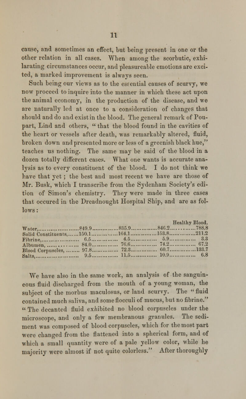 cause, and sometimes an effect, but being present in one or the other relation in all cases. When among the scorbutic, exhi- larating circumstances occur, and pleasureable emotions are exci- ted, a marked improvement is always seen. Such being our views as to the essential causes of scurvy, we now proceed to inquire into the manner in which these act upon the animal economy, in the production of the disease, and we are naturally led at once to a consideration of changes that should and do and exist in the blood. The general remark of Pou- part, Lind and others,  that the blood found in the cavities of the heart or vessels after death, was remarkably altered, fluid, broken down and presented more or less of a greenish black hue, teaches us nothing. The same may be said of the blood in a dozen totally different cases. What one wants is accurate ana- lysis as to every constituent of the blood. I do not think we have that yet ; the best and most recent we have are those of Mr. Busk, which I transcribe from the Sydenham Society's edi- tion of Simon's chemistry. They were made in three cases that occured in the Dreadnought Hospital Ship, and are as fol- lows: Healthy Blood. Water, 849.9 835.9 84G.2 788.8 Solid Constituents, 150.1 164.1 153.8 211.2 Fibrine, 6.5 4.5 5.9 3.3 Albumen, 84.0 76.6 74.2 67.2 Blood Corpuscles, 97.8 72.3 60.7 133.7 Salts, 9.5 11.5 10.9 6.8 We have also in the same work, an analysis of the sanguin- eous fluid discharged from the mouth of a young woman, the subject of the morbus maculosus, or land scurvy. The fluid contained much saliva, and some flocculi of mucus, but no fibrine.  The decanted fluid exhibited no blood corpuscles under the microscope, and only a few membranous granules. The sedi- ment was composed of blood corpuscles, which for the most part were changed from the flattened into a spherical form, and of which a small quantity were of a pale yellow color, while he majority were almost if not quite colorless. After thoroughly
