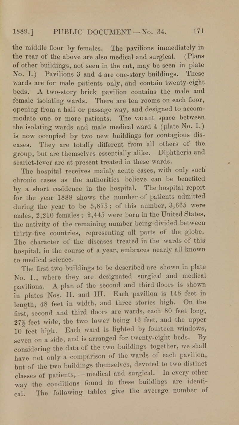 the middle floor by females. The pavilions immediately in the rear of the above are also medical and surgical. (Plans of other buildings, not seen in the cut, may be seen in plate No. I.) Pavilions 3 and 4 are one-story buildings. These wards are for male patients only, and contain twenty-eight beds. A two-story brick pavilion contains the male and female isolating wards. There are ten rooms on each floor, opening from a hall or passage way, and designed to accom- modate one or more patients. The vacant space between the isolating wards and male medical ward 4 (plate No. I.) is now occupied by two new buildings for contagious dis- eases. They are totally different from all others of the group, but are themselves essentially alike. Diphtheria and scarlet-fever are at present treated in these wards. The hospital receives mainly acute cases, with only such chronic cases as the authorities believe can be benefited by a short residence in the hospital. The hospital report for the year 1888 shows the number of patients admitted during the year to be 5,875; of this number, 3,665 were males, 2,210 females ; 2,445 were born in the United States, the nativity of the remaining number being divided between thirty-five countries, representing all parts of the globe. The character of the diseases treated in the wards of this hospital, in the course of a year, embraces nearly all known to medical science. The first two buildings to be described are shown in plate No. I., where they are designated surgical and medical pavilions. A plan of the second and third floors is shown in plates Nos. II. and III. Each pavilion is 148 feet in length, 48 feet in width, and three stories high. On the first, second and third floors are wards, each 80 feet long, 27^ feet wide, the two lower being 16 feet, and the upper 103feet high. Each ward is lighted by fourteen windows, seven on a°side, and is arranged for twenty-eight beds. By considering the data of the two buildings together, we shall have not only a comparison of the wards of each pavilion, but of the two buildings themselves, devoted to two distinct classes of patients, — medical and surgical. In every other way the conditions found in these buildings are identi- cal. The following tables give the average number of