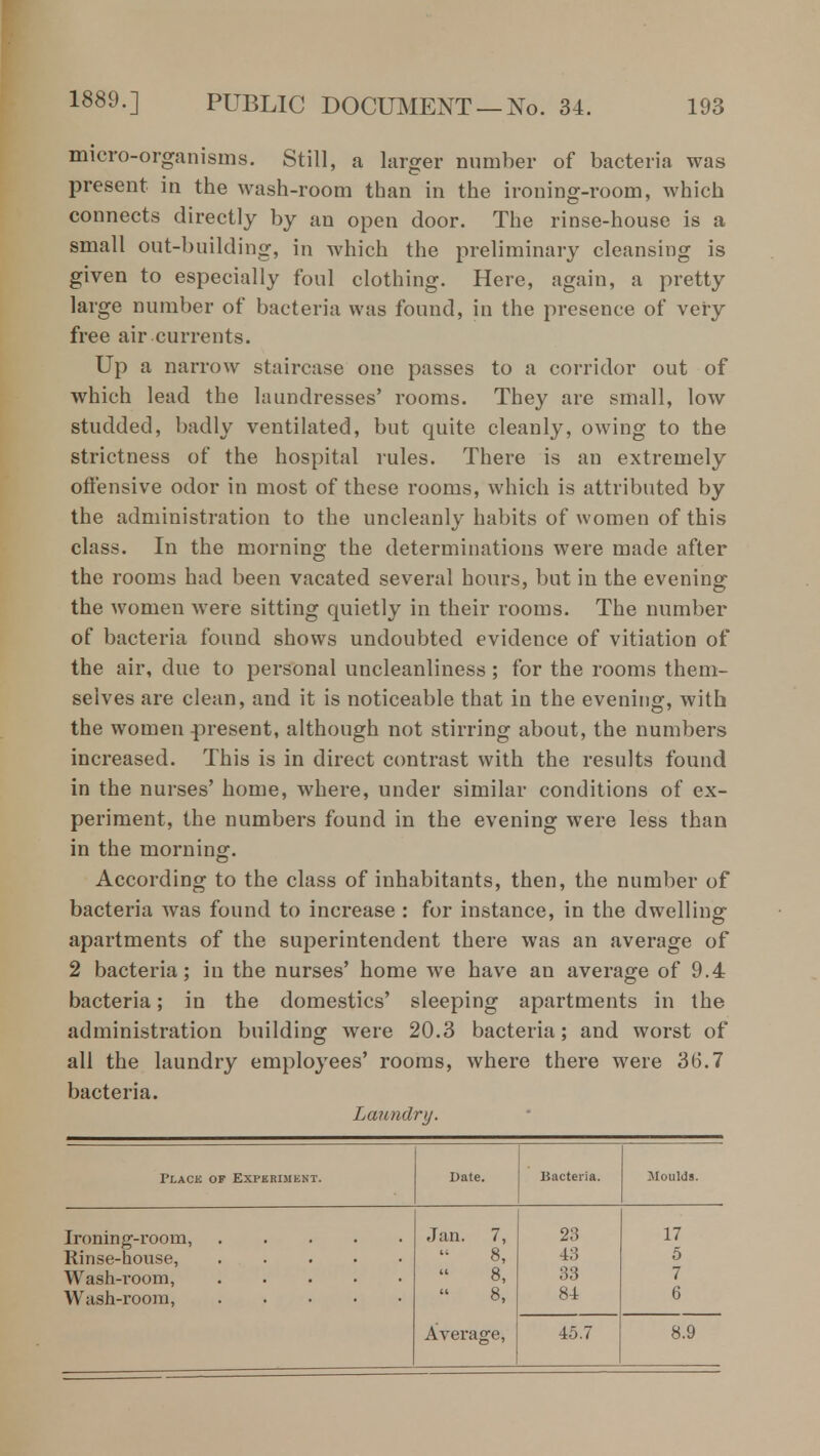 micro-organisms. Still, a larger number of bacteria was present in the wash-room than in the ironing-room, which connects directly by an open door. The rinse-house is a small out-building, in which the preliminary cleansing is given to especially foul clothing. Here, again, a pretty large number of bacteria was found, in the presence of veiy free air currents. Up a narrow staircase one passes to a corridor out of which lead the laundresses' rooms. They are small, low studded, badly ventilated, but quite cleanly, owing to the strictness of the hospital rules. There is an extremely offensive odor in most of these rooms, which is attributed by the administration to the uncleanly habits of women of this class. In the morning the determinations were made after the rooms had been vacated several hours, but in the evening the women were sitting quietly in their rooms. The number of bacteria found shows undoubted evidence of vitiation of the air, due to personal uncleanliness ; for the rooms them- selves are clean, and it is noticeable that in the evening, with the women present, although not stirring about, the numbers increased. This is in direct contrast with the results found in the nurses' home, where, under similar conditions of ex- periment, the numbers found in the evening were less than in the morning. According to the class of inhabitants, then, the number of bacteria was found to increase : for instance, in the dwelling apartments of the superintendent there was an average of 2 bacteria; in the nurses' home we have an average of 9.4 bacteria; in the domestics' sleeping apartments in the administration building were 20.3 bacteria; and worst of all the laundry employees' rooms, where there were 36.7 bacteria. Laundry. Experiment. Date. Bacteria. Moulds. Jan. 7, 8, 23 17 43 5 8, 33 7 8, 84 6 Average, 45.7 8.9 Ironing-room, Rinse-house, Wash-room, Wash-room,