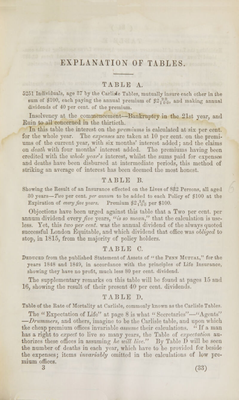 TABLE A. o2ol Individuals, age 7 by the Carlisle Tables, mutually insure each other in the 6um of $100, each paying the annual premium of $-i\l\,, and making annual dividends of 10 per cent, of the premium. Insolvency at the commencement—Bankruptcy in the 21st year, and Ruin to all concerned iu the thirtieth. In this table the interest on the premium* is calculated at six per cent, for the -whole year. The expense* are taken at li» per cent, on the premi- ums of the current year, with six months' interest added; and the claims on death with four months' interest added. The premiums haying been credited with the wholt year^t interest, whilst the sums paid for ex] and deaths have been disbursed at intermediate periods, this method of striking an average of interest has been deemed the most hon T A 15 L E B. Showing the Result of an Insurance effected on the Lives of 882 Persons, all aged 30 years—Tico per cent, per annum to be adde 1 to each Policy of $100 at the Expiration of every five years. Premium >-i3,M} per $100. Objections have been urged against this table that a Two per cent, per annum dividend ever. that the calculation less. Yet, this i annual dividend of the always quoted successful London Equitable, and which dividend that office was obliged to stop, in 1*15, from the majority of policy TABLE Deduced from the published Statement of Assets of the Fm Mutual, for the years 1848 I, in accordance with the principles of Life Insurance, showing they have no profit, much less 80 per cent, dividend. The supplementary - table will be found L5 and 16, showing the result of their present 1 per cent, dividend-. TABLE l». Table of the Rate of Mortality at C The Expectation of Lif ! mts —Drummer*, and others, imagine to be the Carlisle table, and upon which the cheap premium offices invari (leir calculations.  [fa man has a right, • many years, the Table of < cpectation au- thorizes these offices in assuming he vill live. By Table l> will be the number of deaths in each year, which have to be provided for '• the expenses; items invariably omitted in the calculations of low pre- mium offices. 3 (88)