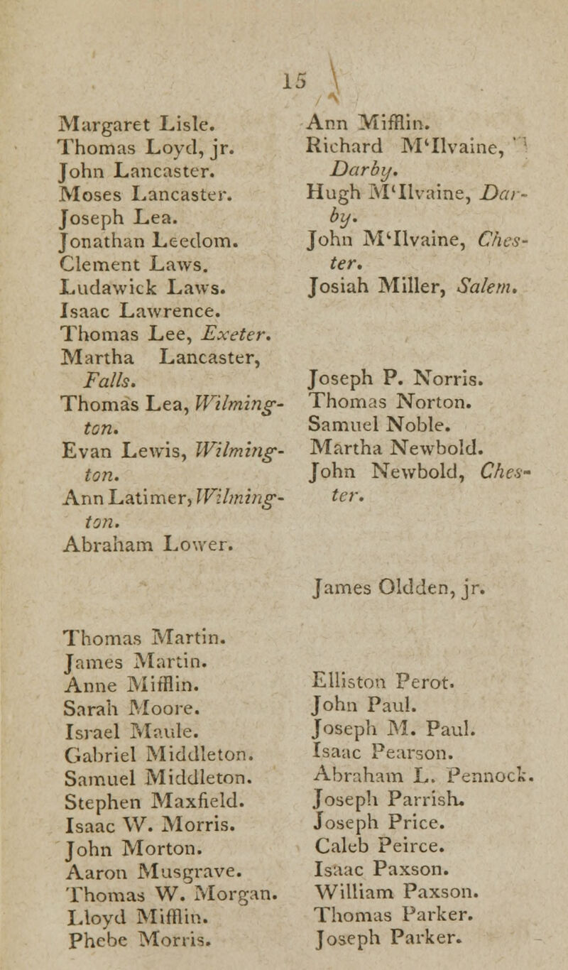 Margaret Lisle. Thomas Loyd, jr. John Lancaster. Moses Lancaster. Joseph Lea. Jonathan Leeclom. Clement Laws. Ludawick Laws. Isaac Lawrence. Thomas Lee, Exeter. Martha Lancaster, Falls. Thomas Lea, Wilming- ton. Evan Lewis, Wilming- ton. Ann Latimer, Wilming- ton. Abraham Lower. Thomas Martin. James Martin. Anne Mifflin. Sarah Moore. Israel Maule. Gabriel Middleton. Samuel Middleton. Stephen Maxfield. Isaac W. Morris. John Morton. Aaron M us grave. Thomas W. Morgan. Lloyd Mifflin. Phebe Morris. Ann Mifflin. Richard MTlvaine, ' Darby. Hugh M'llvaine, Dar- by. John MTlvaine, tikes? ter. Josiah Miller, Salem. Joseph P. Norris. Thomas Norton. Samuel Noble. Martha Newbold. John Newbold, Ches- ter. James Oldden, jr. Elliston Perot. John Paul. Joseph M. Paul. Isaac Pearson. Abraham L. Penned; Joseph Parrish. Joseph Price. Caleb Peirce. Isaac Paxson. William Paxson. Thomas Parker. Joseph Parker.