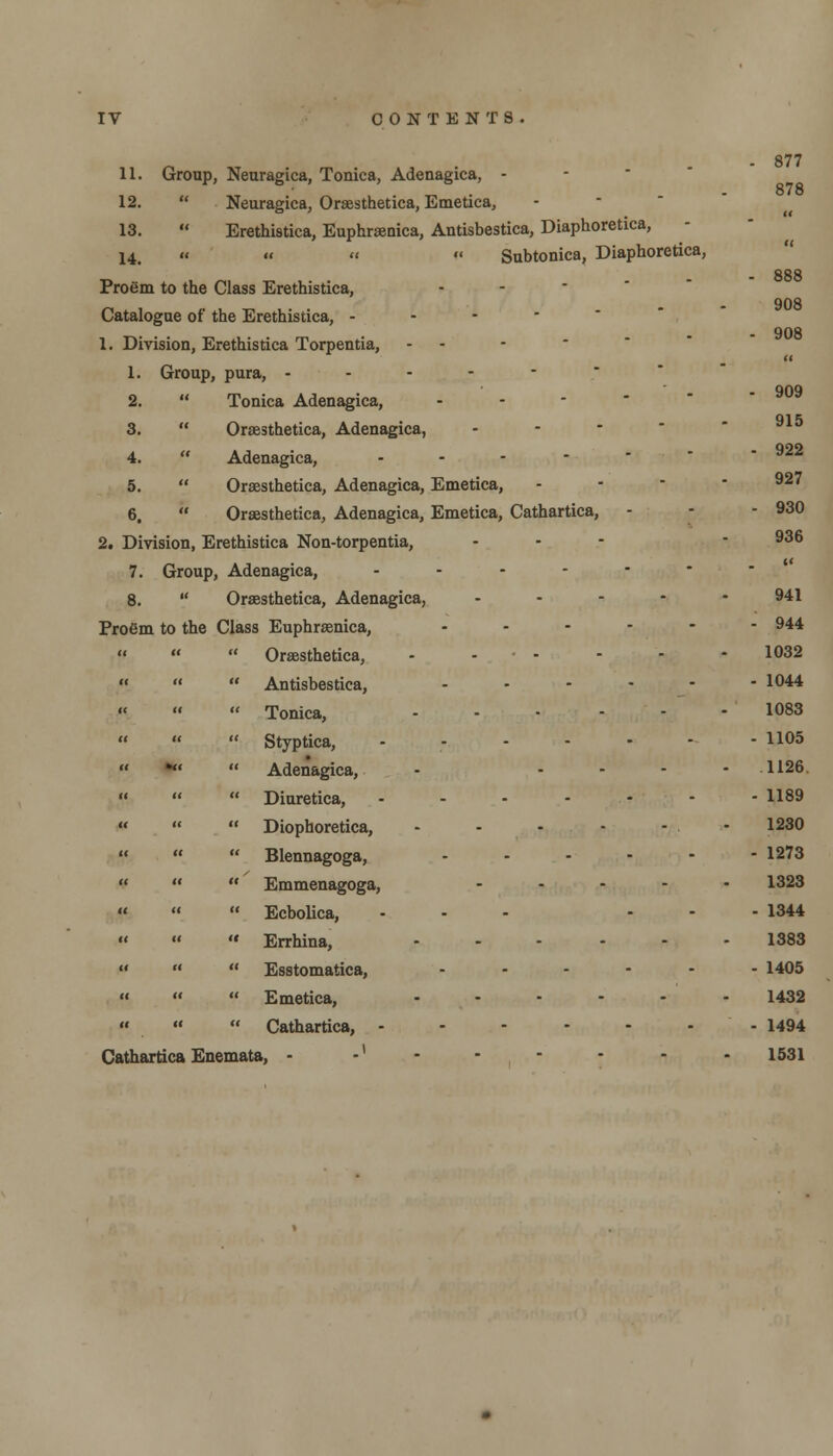 IV CONTENTS 877 878 888 908 908 (t 909 915 922 11. Group, Neuragica, Tonica, Adenagica, - 12.  Neuragica, Orsesthetica, Emetica, 13.  Erethistica, Euphrsenica, Antisbestica, Diaphoretica, 14. « i<   Subtonica, Diaphoretica, Proem to the Class Erethistica, Catalogue of the Erethistica, - 1. Division, Erethistica Torpentia, 1. Group, pura, - - - - - 2.  Tonica Adenagica, - 3.  Oraesthetica, Adenagica, - 4.  Adenagica, - 5.  Orsesthetica, Adenagica, Emetica, - 92? 6.  Oraesthetica, Adenagica, Emetica, Cathartica, - - - 930 2. Division, Erethistica Non-torpentia, - - - - 936 7. Group, Adenagica, ..---- 8.  Oraesthetica, Adenagica, - - - - - 941 Proem to the Class Euphrsenica, ..---- 944 «   Oraesthetica, - • - - - - 1032  «  Antisbestica, ..---- 1044    Tonica, - - • - - - 1083 «   Styptica, ------- 1105 «   Adenagica, - - - - - 1126 »   Diuretica, ------- 1189 « «  Diophoretica, - - - - - - 1230    Blennagoga, 1273    Emmenagoga, - 1323  « « Ecbolica, ... ... 1344 « « a Errhina, ...... 1383    Esstomatica, ...... 1405 « « « Emetica, - - - - - - 1432    Cathartica, - - - - - - - 1494 Cathartica Enemata, - -' - - - - - - 1531