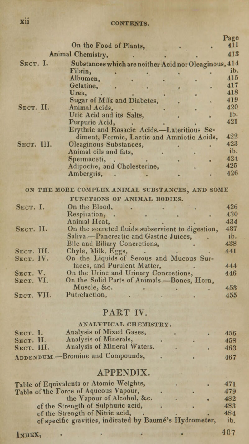 Page On the Food of Plants, . .411 Animal Chemistry, . . . 413 Skct. I. Substances which are neither Acid nor Oleaginous, 414 Fibrin, . . . . ib. Albumen, . . . 415 Gelatine, .... 417 Urea, .... 418 Sugar of Milk and Diabetes, . . 419 Sect. II. Animal Acids, . . . 420 Uric Acid and its Salts, . . ib. Purpuric Acid, . . . 421 Erythiic and Rosacic Acids.—Lateritious Se- diment, Formic, Lactic and Amniotic Acids, 422 Sect. III. Oleaginous Substances, . . 423 Animal oils and fats, . . ib. Spermaceti, .... 424 Adipocire, and Cholesterine, . 425 Ambergris, .... 426 ON THE MORE COMPLEX ANIMAL SUBSTANCES, AND SOME FUNCTIONS OF ANIMAL BODIES. Sect. I. On the Blood, ... 426 Respiration, .... 430 Animal Heat, . . . 434 Sect. II. On the secreted fluids subservient to digestion, 437 Saliva.—Pancreatic and Gastric Juices, . ib. Bile and Biliary Concretions, . 438 Sect. III. Chyle, Milk, Eggs, . . .441 Sect. IV. On the Liquids of Serous and Mucous Sur- faces, and Purulent Matter, . 444 Sect. V. On the Urine and Urinary Concretions, 446 Sect. VI. On the Solid Parts of Animals.—Bones, Horn, Muscle, &c. . . . 453 Sect. VII. Putrefaction, . . . 455 PART IV. ANALYTICAL CHEMISTRY. Sect. I. Analysis of Mixed Gases, . . 456 Sect. II. Analysis of Minerals, . . 453 Sect. III. Analysis of Mineral Waters. . . 453 Addendum.—Bromine and Compounds, . . 467 APPENDIX. Table of Equivalents or Atomic Weights, . . 471 Table of \he Force of Aqueous Vapour, . . 479 the Vapour of Alcohol, &c. . . 482 of the Strength of Sulphuric acid, . . 483 of the Strength of Nitric acid, . . 484 of specific gravities, indicated by Baume's Hydrometer, ib. Index, .... 487