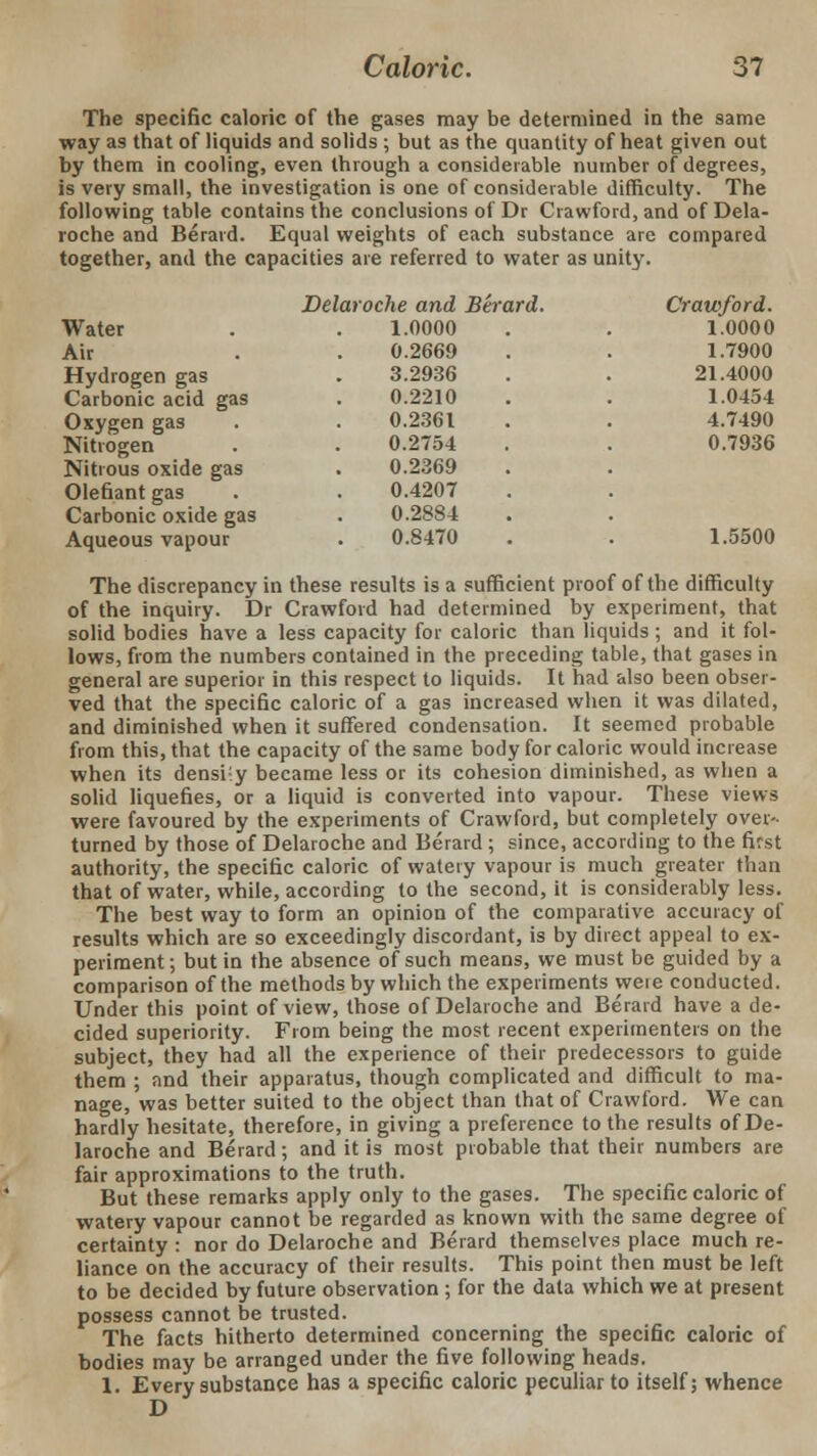 The specific caloric of the gases may be determined in the same way as that of liquids and solids ; but as the quantity of heat given out by them in cooling, even through a considerable number of degrees, is very small, the investigation is one of considerable difficulty. The following table contains the conclusions of Dr Crawford, and of Dela- roche and Berard. Equal weights of each substance are compared together, and the capacities are referred to water as unity. Delaroche and Berard. Crawford. Water 1.0000 1.0000 Air 0.2669 1.7900 Hydrogen gas 3.2936 21.4000 Carbonic acid gas 0.2210 1.0454 Oxygen gas 0.2361 4.7490 Nitrogen 0.2754 0.7936 Nitrous oxide gas 0.2369 Olefiant gas 0.4207 Carbonic oxide gas 0.2884 Aqueous vapour 0.8470 1.5500 The discrepancy in these results is a sufficient proof of the difficulty of the inquiry. Dr Crawford had determined by experiment, that solid bodies have a less capacity for caloric than liquids ; and it fol- lows, from the numbers contained in the preceding table, that gases in general are superior in this respect to liquids. It had also been obser- ved that the specific caloric of a gas increased when it was dilated, and diminished when it suffered condensation. It seemed probable from this, that the capacity of the same body for caloric would increase when its densiy became less or its cohesion diminished, as when a solid liquefies, or a liquid is converted into vapour. These views were favoured by the experiments of Crawford, but completely over- turned by those of Delaroche and Berard ; since, according to the first authority, the specific caloric of watery vapour is much greater than that of water, while, according to the second, it is considerably less. The best way to form an opinion of the comparative accuracy of results which are so exceedingly discordant, is by direct appeal to ex- periment ; but in the absence of such means, we must be guided by a comparison of the methods by which the experiments were conducted. Under this point of view, those of Delaroche and Berard have a de- cided superiority. From being the most recent experimenters on the subject, they had all the experience of their predecessors to guide them ; and their apparatus, though complicated and difficult to ma- nage, was better suited to the object than that of Crawford. We can hardly hesitate, therefore, in giving a preference to the results of De- laroche and Berard; and it is most probable that their numbers are fair approximations to the truth. But these remarks apply only to the gases. The specific caloric of watery vapour cannot be regarded as known with the same degree of certainty : nor do Delaroche and Berard themselves place much re- liance on the accuracy of their results. This point then must be left to be decided by future observation ; for the data which we at present possess cannot be trusted. The facts hitherto determined concerning the specific caloric of bodies may be arranged under the five following heads. 1. Every substance has a specific caloric peculiar to itself; whence D