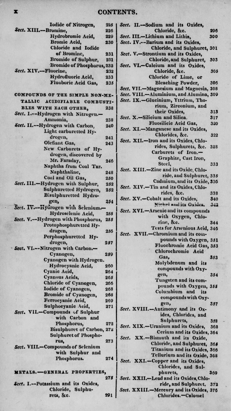 Iodide of Nitrogen, 225 Sect. XIII.—Bromine, 226 Hydrobromic Acid, 229 Bromic Acid, 230 Chloride and Iodide of Bromine, 231 Bromide of Sulphur, 231 Bromide of Phosphorus, 232 Sect. XIV.—Fluorine, 232 Hydrofluoric Acid, 233 Fluoboric Acid Gas, 235 COMPOUNDS OF THE SIMPLE NON-ME- TALLIC ACID1FIABLE COMBUSTI- BLES WITH EACH OTHER, 238 Sect. I.—Hydrogen with Nitrogen.— Ammonia, 238 Sect. II.—Hydrogen with Carbon, 240 Light carburetted Hy- drogen, 241 Olefiant Gas, 243 New Carburets of Hy- drogen, discovered by Mr. Faraday, 246 Naphtha from Coal Tar. Naphthaline, 248 Coal and Oil Gas, 250 Sect. III.—Hydrogen with Sulphur, 252 Sulphuretted Hydrogen, 252 Bisulphuretted Hydro- gen, 254 S^ect. TV.—Hyurogen witli Selenium.— Hydroselenic Acid, 255 Sect. V.—Hydrogen with Phosphorus, 255 Protophosphuretted Hy- drogen, 256 Perphosphurettcd Hy- drogen, 257 Sect. VI.—Nitrogen with Carbon.— Cyanogen, 259 Cyanogen with Hydrogen. Hydrocyanic Acid, 260 Cyanic Acid, 264 Cyanous Acids, 265 Chloride of Cyanogen, 266 Iodide of Cyanogen, 268 Bromide of Cyanogen, 268 Ferrocyanic Acid, 269 Sulphocyanic Acid, 271 Sect. VII.—Compounds of Sulphur with Carbon and Phosphorus, 272 Bisulphuret of Carbon, 27:4 Sulphuretof Phospho- rus, 273 Sect. VIII.—Compounds of Selenium with Sulphur and Phosphorus. 274 METALS. OENEHAL PROPERTIES, 275 Sect. I.—Potassium and its Oxides, Chloride, Sulphu- rets, &c. 291 Sect. II.—Sodium and its Oxides, Chloride, fee. 296 Sect. III.—Lithium and Lithia, 300 Sect. IV.—Barium and its Oxides, Chloride, and Sulphuret, 301 Sect. V.—Strontium and its Oxides, Chloride, and Sulphuret, 303 Sect. VI.—Calcium and its Oxides, Chloride, &c. 305 Chloride of Lime, or Bleaching Powder, 306 Sect. VII.—Magnesium and Magnesia, 308 Sect. VIII.—Aluminium, and Alumina, 309 Sect. IX.—Glucinium, Yttrium, Tho- rium, Zirconium, and their Oxides, 313 Sect. X.—Silicium and Silica.. 317 Fluosilicic Acid Gas, 320 Sect. XL—Manganese and its Oxides, Chlorides, &c. 322 Sect. XII.—Iron and its Oxides, Chlo- rides, Sulphurets, Sec. 328 Carburets of Iron.— Graphite, Cast Iron, Steel, 333 Sect. XIII.—Zinc and its Oxide, Chlo- ride, and Sulphuret, 335 Cadmium, and its Oxide, 336 Sect. XIV.—Tin and its Oxides, Chlo- rides, &c. 338 Sect. XV.—Cobalt and its Oxides, 340 Mfckel ■ml its Oxides. 342 Sect. XVI.—Arsenic and its compounds with Oxygen, Chlo- rine, &.c. 344 Tests for Arsenious Acid, 346 Sect. XVII.—Chromium and its com- pounds with Oxygen, 351 Fluochromic Acid Gas, 353 Chlorochromic Acid Gas, 353 Molybdenum and its compounds with Oxy- gen, 354 Tungsten and its com- pounds with Oxygen, 355 Columbium and its compounds with Oxy- gen, 357 Sect. XVIII.—Antimony and its Ox- ides, Chlorides, and Sulphurets, 358 Sect. XIX.—Uranium and its Oxides, 362 Cerium and its Oxides, 364 Sect. XX.—Bismuth and its Oxide, Chloride, and Sulphuret, 365 Titanium and its Oxides, 366 Tellurium and its Oxide, 368 Sect. XXL—Copper and its Oxides, Chlorides, and Sul- phurets, 369 Sect. XXII.—Lead and its Oxides, Chlo- ride, and Sulphuret, 372 Sect. XXIII.—Mercury and its Oxides, 376 Chlorides.—Calomel