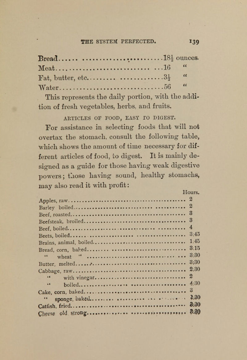 Bread 18 i ounces. Meat 16  Fat, butter, etc 3^  Water 56  This represents the daily portion, with the addi- tion of fresh vegetables, herbs, and fruits. ARTICLES OF FOOD, EASY 10 DIGEST. For assistance in selecting foods that will not overtax the stomach, consult the following table, which shows the amount of time necessary for dif- ferent articles of food, to digest. It is mainly de- signed as a guide for those having weak digestive powers; those having sound, healthy stomachs, may also read it with profit: Hours. Apples, raw 2 Barley boiled 2 Beef, roasted 3 Beefsteak, broiled 3 Beef, boiled 4 Beets, boiled - 3:45 Brains, animal, boiled 1:45 Bread, corn, baked 8;15 wheat  3:30 Butter, melted •• 3:30 Cabbage, raw 2:30  with vinegar 2 boiled 4:30 Cake, corn, baked «• 3  sponge, baked • ■ ■ - - • > 2:30 Catfish, fried 3:30 Cheese old strong .................... 3.30