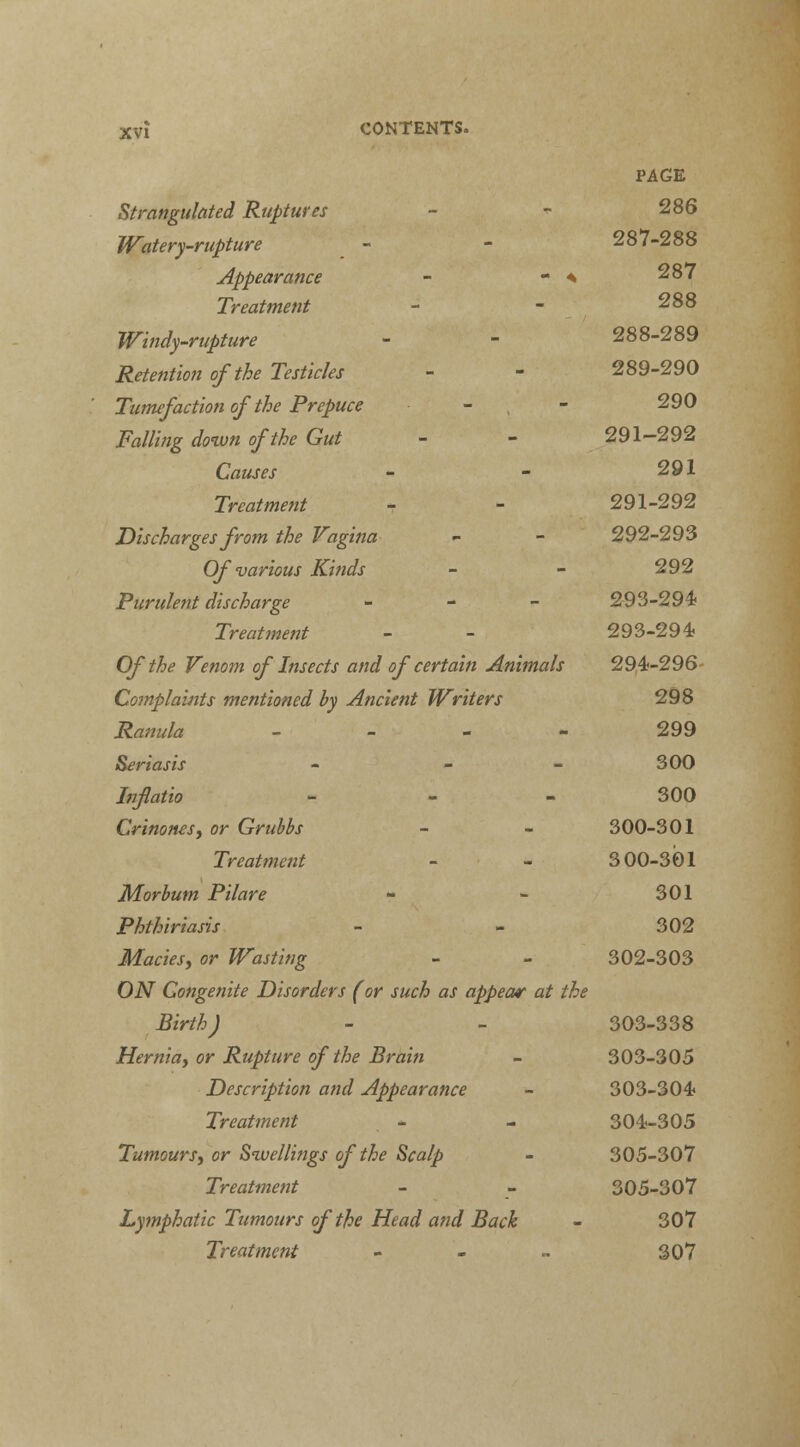 Strangulated Ruptures Watery-rupture Appearance - - * Treatment Windy-rupture Retention of the Testicles Tumefaction of the Prepuce Falling down of the Gut Causes Treatment Discharges from the Vagina Of various Kinds Purulent discharge - - Treatment Of the Venom of Insects and of certain Animals Complaints mentioned by Ancient Writers Ranula - Seriasis - - Inflatio - Crinones, or Grubbs Treatment Morbum Pilare Phthiriasis Maries, or Wasting ON Congenite Disorders (or such as appear at the Birth) Hernia, or Rupture of the Brain Description and Appearance Treatment Tumours, or Swellings of the Scalp Treatment Lymphatic Tumours of the Head and Bach Treatment - PAGE 286 287-288 287 288 288-289 289-290 290 291-292 291 291-292 292-293 292 293-294 293-294 294-296- 298 299 300 300 300-301 300-301 301 302 302-303 303-338 303-305 303-304- 304-305 305-307 305-307 307 307
