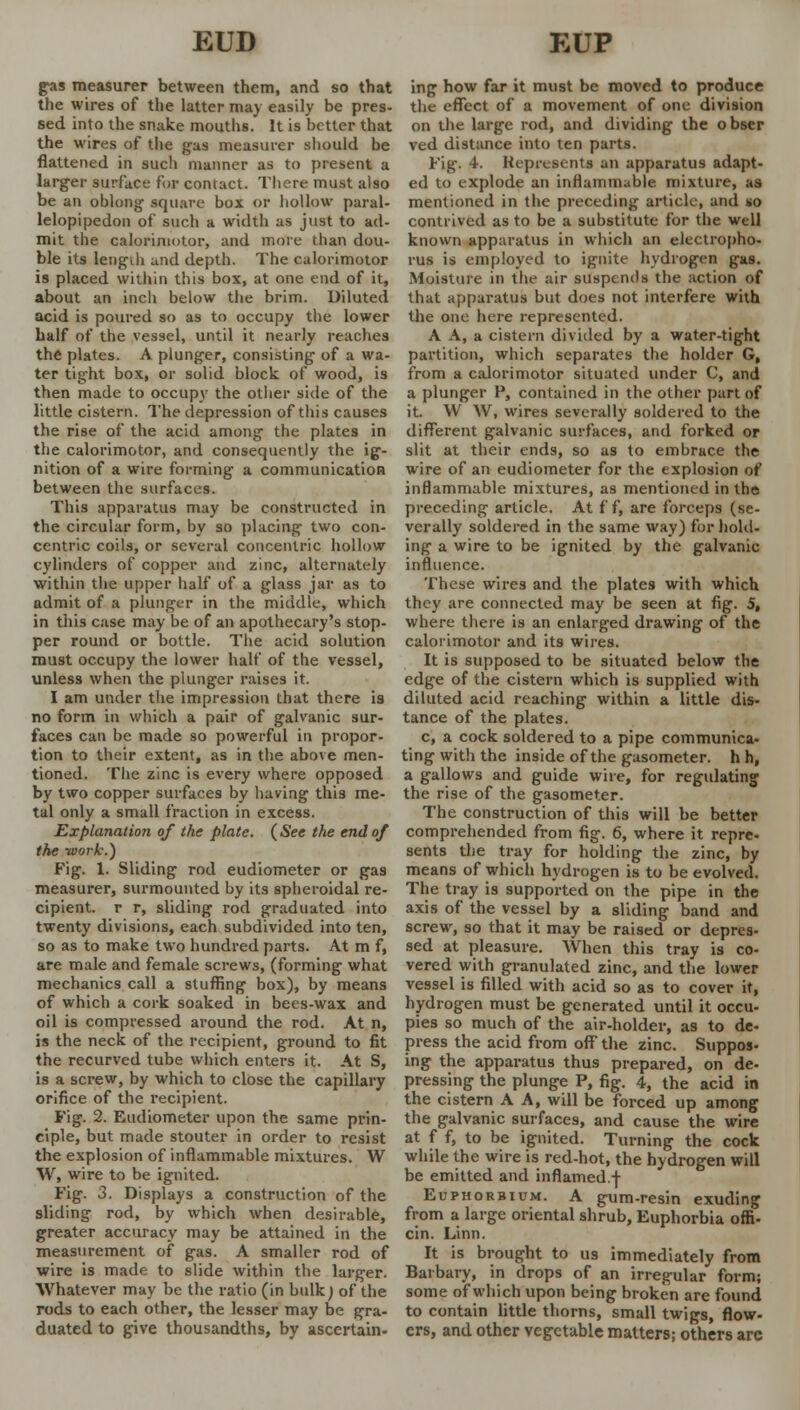 gas measurer between them, and so that the wires of the latter may easily be pres- sed into the snake mouths. It is better that the wires of the gas measurer should be flattened in such manner as to present a larger surface for contact. There must also be an oblong square box or hollow paral- lelopipedon of such a width as just to ad- mit the calorimotor, and more than dou- ble its lengih ^nd depth. The calorimotor is placed within this box, at one end of it, about an inch below the brim. Diluted acid is poured so as to occupy the lower half of the vessel, until it nearly reaches the plates. A plunger, consisting of a wa- ter tight box, or solid block of wood, is then made to occupy the other side of the little cistern. The depression of this causes the rise of the acid among the plates in the calorimotor, and consequently the ig- nition of a wire forming a communication between the surfaces. This apparatus may be constructed in the circular form, by so placing two con- centric coils, or several concentric hollow cylinders of copper and zinc, alternately within the upper half of a glass jar as to admit of a plunger in the middle, which in this case may be of an apothecary's stop- per round or bottle. The acid solution must occupy the lower half of the vessel, unless when the plunger raises it. I am under the impression that there is no form in which a pair of galvanic sur- faces can be made so powerful in propor- tion to their extent, as in the above men- tioned. The zinc is every where opposed by two copper surfaces by having this me- tal only a small fraction in excess. Explanation of the plate. (See the end of the -work.) Fig. 1. Sliding rod eudiometer or gas measurer, surmounted by its spheroidal re- cipient, r r, sliding rod graduated into twenty divisions, each subdivided into ten, so as to make two hundred parts. At m f, are male and female screws, (forming what mechanics call a stuffing box), by means of which a cork soaked in bees-wax and oil is compressed around the rod. At n, is the neck of the recipient, ground to fit the recurved tube which enters it. At S, is a screw, by which to close the capillary orifice of the recipient. Fig. 2. Eudiometer upon the same prin- ciple, but made stouter in order to resist the explosion of inflammable mixtures. W W, wire to be ignited. Fig. 3. Displays a construction of the sliding rod, by which when desirable, greater accuracy may be attained in the measurement of gas. A smaller rod of wire is made to slide within the larger. Whatever may be the ratio (in bulk) of the rods to each other, the lesser may be gra- duated to give thousandths, by ascertain. ing how far it must be moved to produce the effect of a movement of one division on the large rod, and dividing the obser ved distance into ten parts. Fig. 4. Represents an apparatus adapt- ed to explode an inflammable mixture, as mentioned in the preceding article, and so contrived as to be a substitute for the well known apparatus in which an electropho- rus is employed to ignite hydrogen gas. Moisture in the air suspends the action of that apparatus but does not interfere with the one here represented. A A, a cistern divided by a water-tight partition, which separates the holder G, from a calorimotor situated under C, and a plunger P, contained in the other part of it W W, wires severally soldered to the different galvanic surfaces, and forked or slit at their ends, so as to embrace the wire of an eudiometer for the explosion of inflammable mixtures, as mentioned in the preceding article. At f f, are forceps (se- verally soldered in the same way) for hold- ing a wire to be ignited by the galvanic influence. These wires and the plates with which they are connected may be seen at fig. 5, where there is an enlarged drawing of the calorimotor and its wires. It is supposed to be situated below the edge of the cistern which is supplied with diluted acid reaching within a little dis- tance of the plates. c, a cock soldered to a pipe communica- ting with the inside of the gasometer, h h, a gallows and guide wire, for regulating the rise of the gasometer. The construction of this will be better comprehended from fig. 6, where it repre- sents the tray for holding the zinc, by means of which hydrogen is to be evolved. The tray is supported on the pipe in the axis of the vessel by a sliding band and screw, so that it may be raised or depres- sed at pleasure. When this tray is co- vered with granulated zinc, and the lower vessel is filled with acid so as to cover it, hydrogen must be generated until it occu- pies so much of the air-holder, as to de- press the acid from off the zinc. Suppos- ing the apparatus thus prepared, on de- pressing the plunge P, fig. 4, the acid in the cistern A A, will be forced up among the galvanic surfaces, and cause the wire at f f, to be ignited. Turning the cock while the wire is red-hot, the hydrogen will be emitted and inflamed.-j- Euphorbium. A gum-resin exuding from a large oriental shrub, Euphorbia offi. cin. Linn. It is brought to us immediately from Barbary, in drops of an irregular form; some of which upon being broken are found to contain little thorns, small twigs, flow- ers, and other vegetable matters; others arc