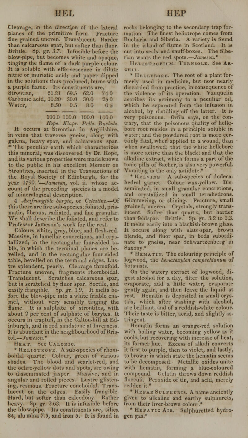 HEL HEP Cleavage, in the direction of the lateral planes of the primitive form. Fracture fine grained uneven. Translucent. Harder than calcareous spar, but softer than fluor. Brittle. Sp. gr. 3.7. Infusible before the blow-pipe, but becomes white and opaque, tinging the flame of a dark purple colour. It is soluble with effervescence in dilute nitric or muriatic acid; and paper dipped in the solutions thus produced, burns with a purple flame. Its constituents are, Strontian, 61.21 69.5 62.0 74.0 Carbonic acid, 30.20 50.0 30.0 25.0 Water, 8.50 0.5 8.0 0.5 100.0 100.0 100.0 100.0 Hope. Klapr. Pelle. Buchoh. It occurs at Strontian in Argillshire, in veins that traverse gneiss, along with galena, heavy spar, and calcareous spar.  The peculiar earth which characterizes this mineral, was discovered by Dr. Hope, and its various properties were made known to the public in his excellent Memoir on Strontites, inserted in the Transactions of the Royal Society of Edinburgh, for the year 1790. '—Jameson, vol. ii. whose ac- count of the preceding species is a model of mineralogical description. 4. Axifrangible baryte, or Celestine.—Of this there are five sub-species; foliated, pris- matic, fibrous, radiated, and fine granular. We shall describe the foliated, and refer to Professor Jameson's work for the rest. Colours white, gray, blue, and flesh-red. Massive, in lamellar concretions, and crys- tallized; in the rectangular four-sided ta- ble, in which the terminal planes are be- velled, and in the rectangular four-sided table, bevelled on the terminal edges. Lus- tre splendent, pearly. Cleavage threefold. Fracture uneven; fragments rhomboidal. Translucent. Scratches calcareous spar, but is scratched by fluor spar. Sectile, and easily frangible. Sp. gr. 39. It melts be- fore the blow-pipe into a white friable ena- mel, without very sensibly tinging the flame. It is sulphate of strontites, with about 2 per cent of sulphate of barytes. It occurs in traptufF, in the Calton-hill at Ed- inburgh, and in red sandstone at Inverness. It is abundant in the neighbourhood of Bris- tol.—Jameson* Heat. See Caloric * Heliotrope. A sub-species of rhom- boidal quartz. Colour, green of various shades. The blood and scarlet-red, and the ochre-yellow dots and spots, are owing to disseminated jasper. Massive, and in angular and rolled pieces. Lustre glisten- ing, resinous. Fracture conohoidal. Trans- lucent on the edges. Easily frangible. Hard, but softer than calcedony. Bather heavy. Sp. gr. 2.63. It is infusible before the blow-pipe. Its constituents are, silica 84, alu mina 7.5, and iron 5. It is found in rocks belonging to the secondary trap for- mation. The finest heliotrope comes from Bucharia and Siberia. A variety is found in the island of Rume in Scotland. It is cut into seals- and snuff-boxes. The Sibe- rian wants the red spots.—Jameson.* Heliotropium. Turnsole. See Ar- chil. * Hellebore. The root of a plant for- merly used in medicine, but now nearly discarded from practice, in consequence of the violence of its operation. Yauquelin ascribes its acrimony to a peculiar oil, which he separated from the infusion in alcohol, by distilling off the latter. It is very poisonous. Orfila says, on the con- trary, that the poisonous quality of helle- bore root resides in a principle soluble in water; and the powdered root is more cer- tainly fatal, when applied to a wound, than when swallowed; that the white hellebore is more active than the black; and that the alkaline extract, which forms a part of the tonic pills of Bacher, is also very powerful. Vomiting is the only antidote.* Helvine. A sub-species of dodeca- hedral garnet. Colour wax-yellow. Dis- seminated, in small granular concretions, and crystallized in small tetrahedrons. Glimmering, or shining. Fracture, small grained, uneven. Crystals, strongly trans- lucent. Softer than quartz, but harder than feldspar. Brittle. Sp. gr. 3 2 to 3.3. It melts easily into a blackish-brown glass. It occurs along with slate-spar, brown blende, and fluor spar, in beds subordi- nate to gneiss, near Schwartzenberg in Saxony.* * Hematin. The colouring principle of logwood, the hematoxylon campechianum of botanists. On the watery extract of logwood, di- gest alcohol for a day, filter the solution, evaporate, add a little water, evaporate gently again, and then leave the liquid at rest. Hematin is deposited in small crys- tals, which after washing with alcohol, are brilliant, and of a reddish-white colour. Their taste is bitter, acrid, and slightly as- tringent Hematin forms an orange-red solution with boiling water, becoming yellow as it cools, but recovering with increase of heat, its former hue. Excess of alkali converts it first to purple, then to violet, and lastly, to brown: in which state the hematin seems to be decomposed. Metallic oxides unite with hematin, forming a blue-coloured compound. Gelatin throws down reddish flocculi. Peroxide of tin, and acid, merely redden it.* * Hepar Sulphuris. A name anciently given to alkaline and earthy sulphurets, from their liver-brown colour.* * Hepatic Am. Sulphuretted hydro- gen gas.*
